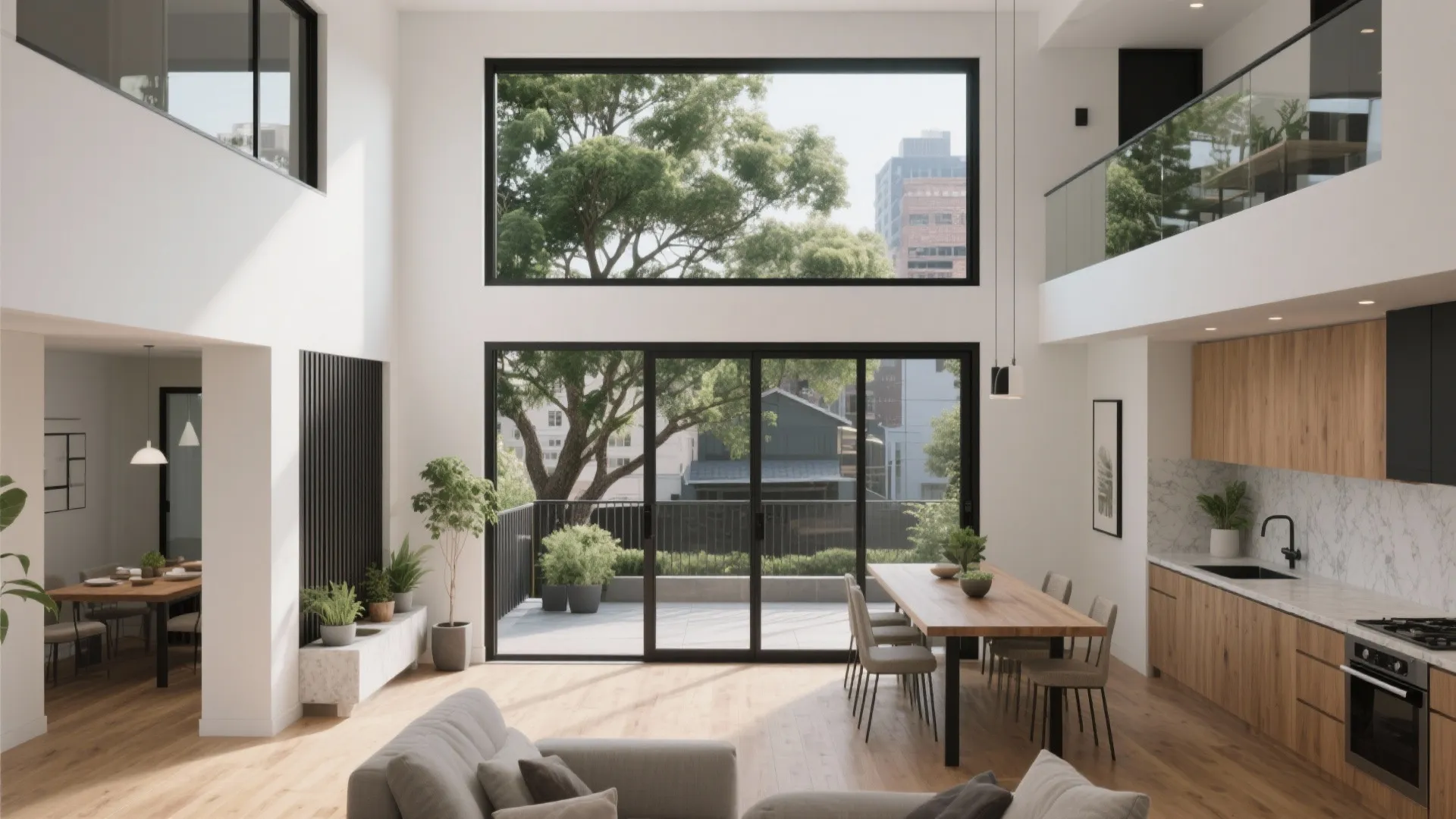 Large open plan living room with wooden kitchen cabinets dining table and windows facing trees