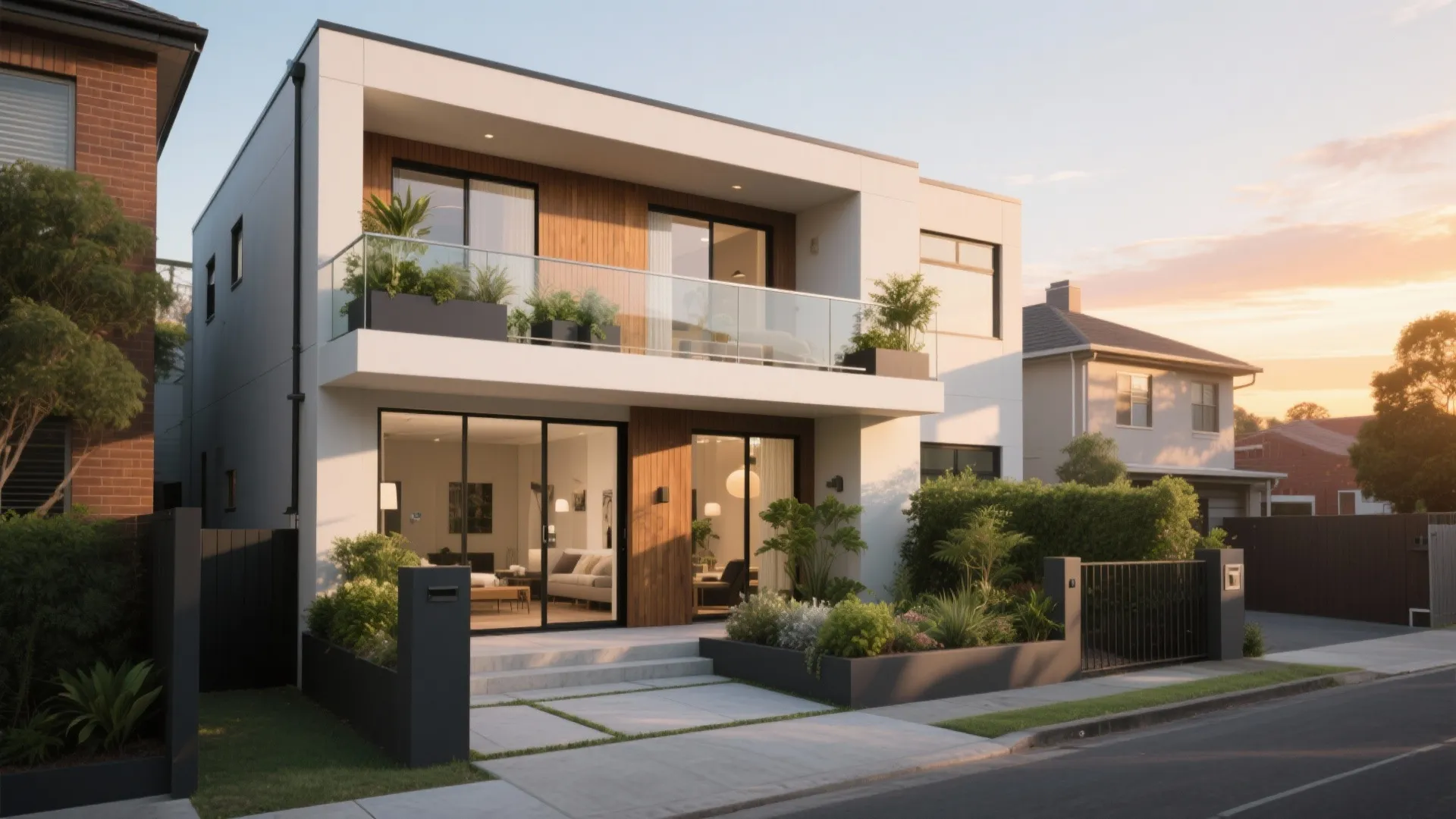 Modern white two story house with glass balcony large windows wood wall panels and green garden