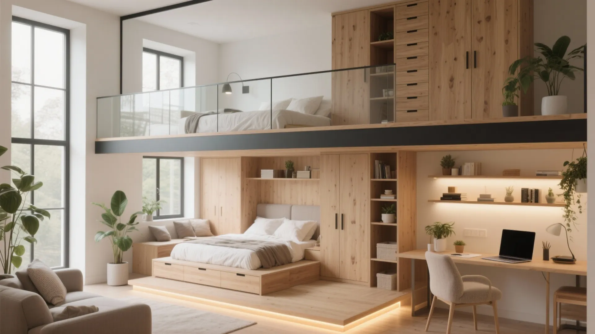 Modern bedroom with two levels featuring wooden furniture desk area and large windows for light