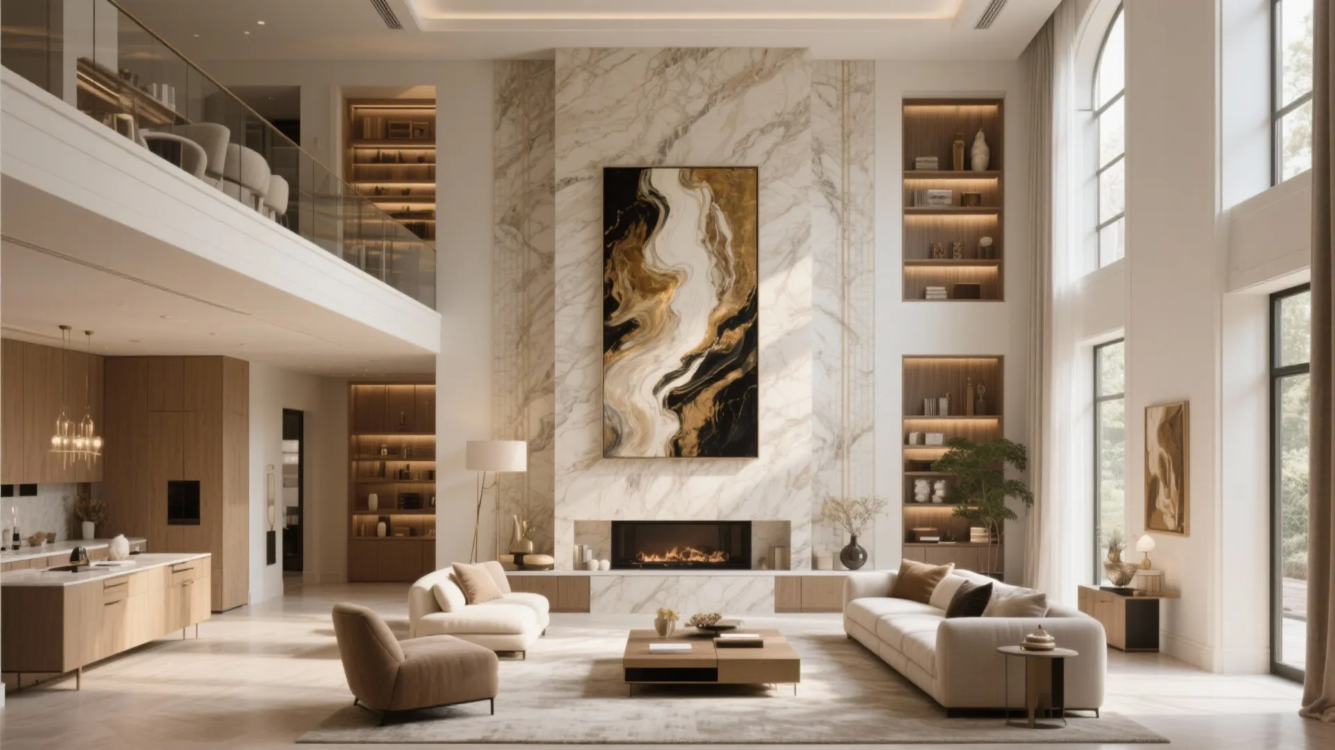 Luxurious open living room with marble wall fireplace tall ceiling sofa and wood kitchen cabinets