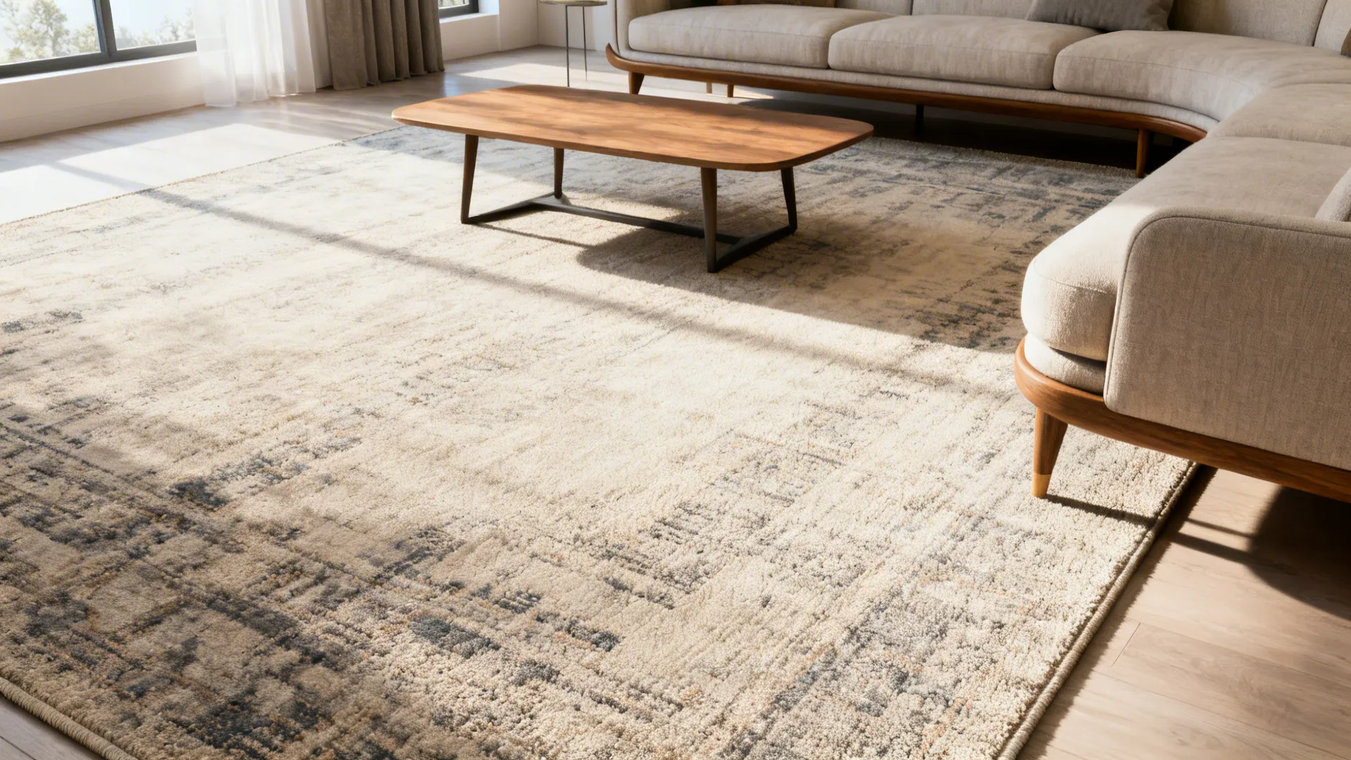 Living room demonstrating the two-thirds rule with an 8x10 rug covering most but not all seating area.