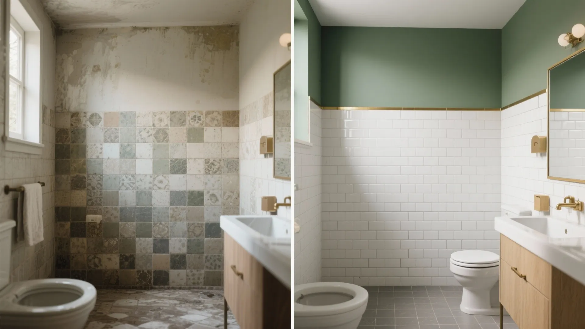 Before and after comparison of old bathroom versus renovated space with white tiles and green