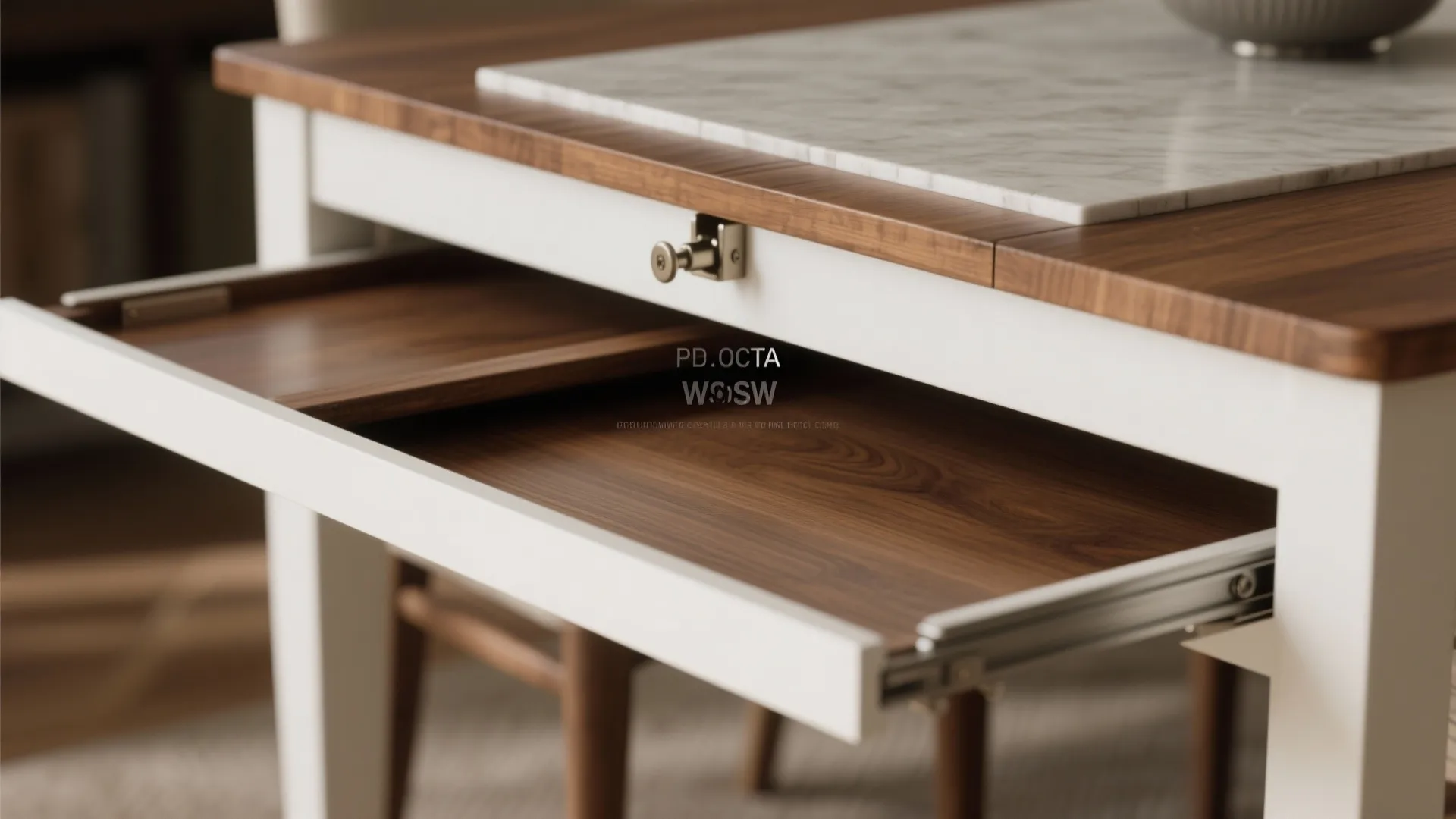 Close-up of a two-tier drop-leaf table showing layered surfaces and hinge detail.