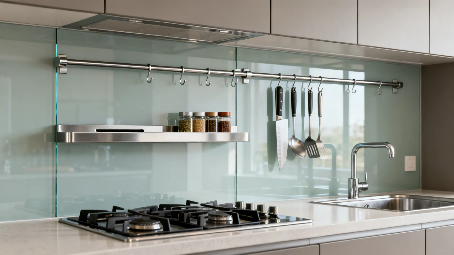Modern kitchen counter with glass panel hanging cooking tools spice jars sink and gas stove