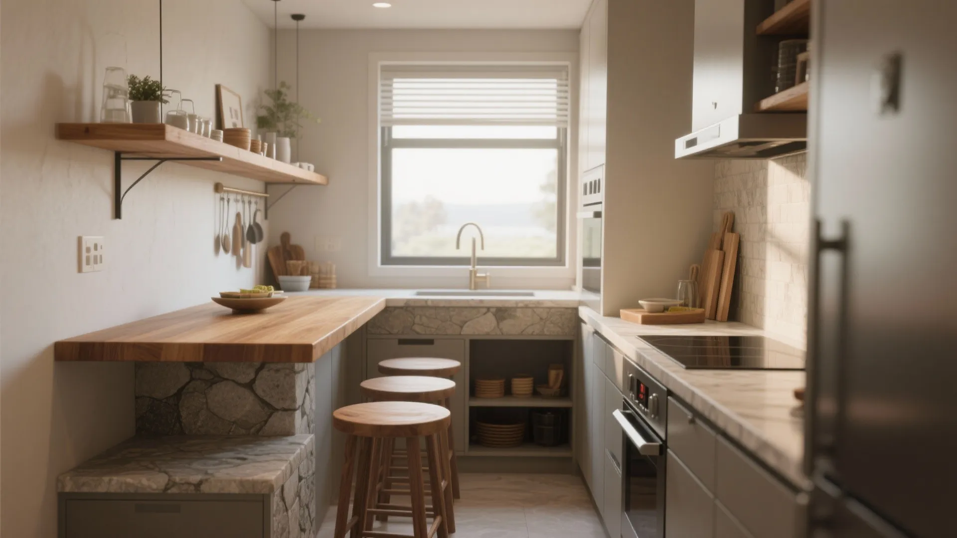 Small kitchen with stone base breakfast bar three wooden stools and view of the window