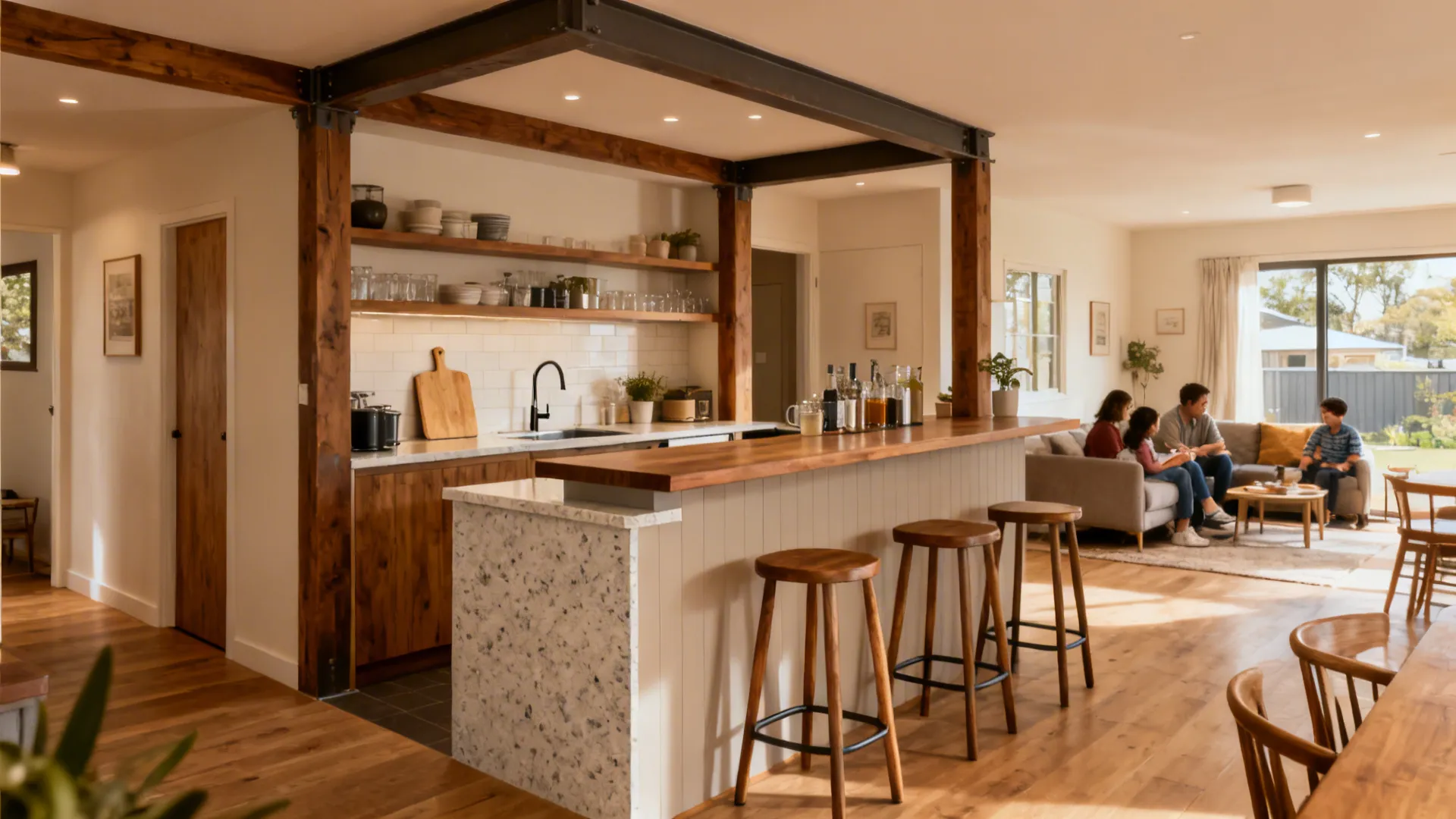 Modern kitchen with wooden breakfast bar and stools overlooking a family in the living room