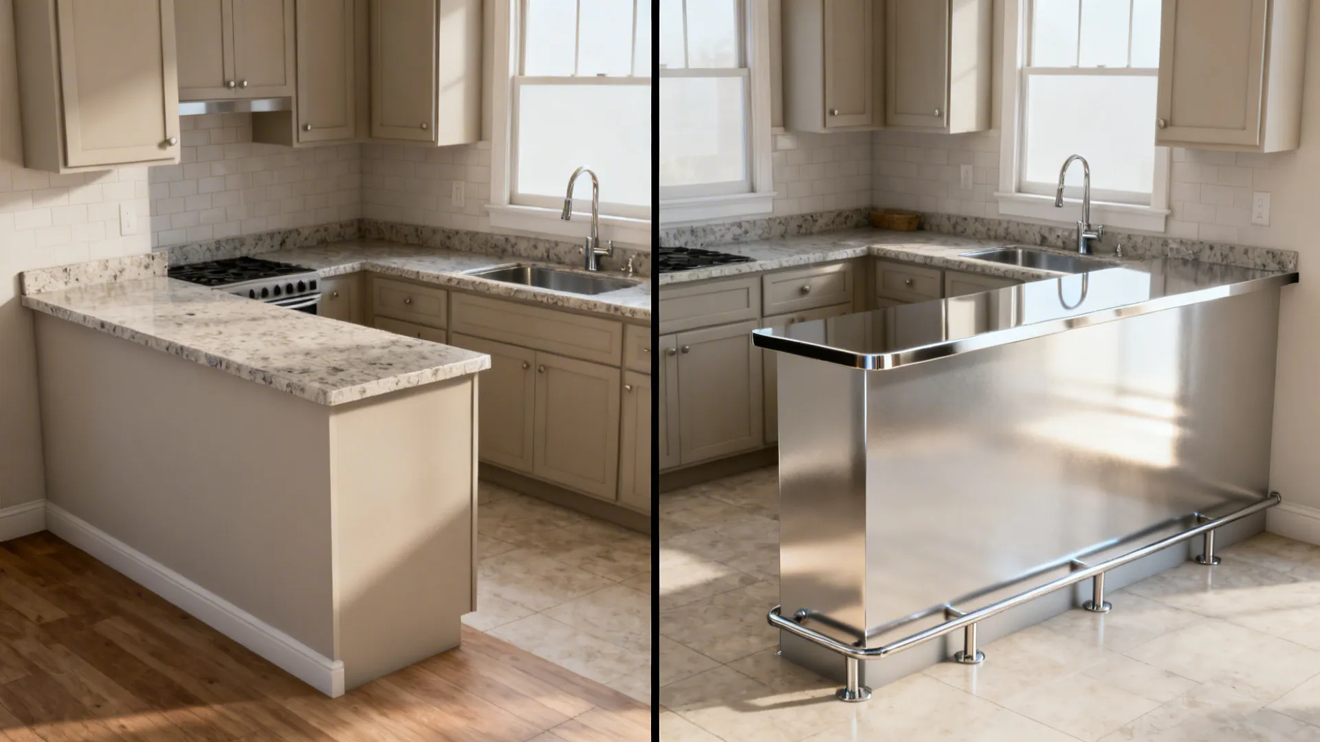 Before and after comparison showing standard kitchen island versus a two tier bar counter design