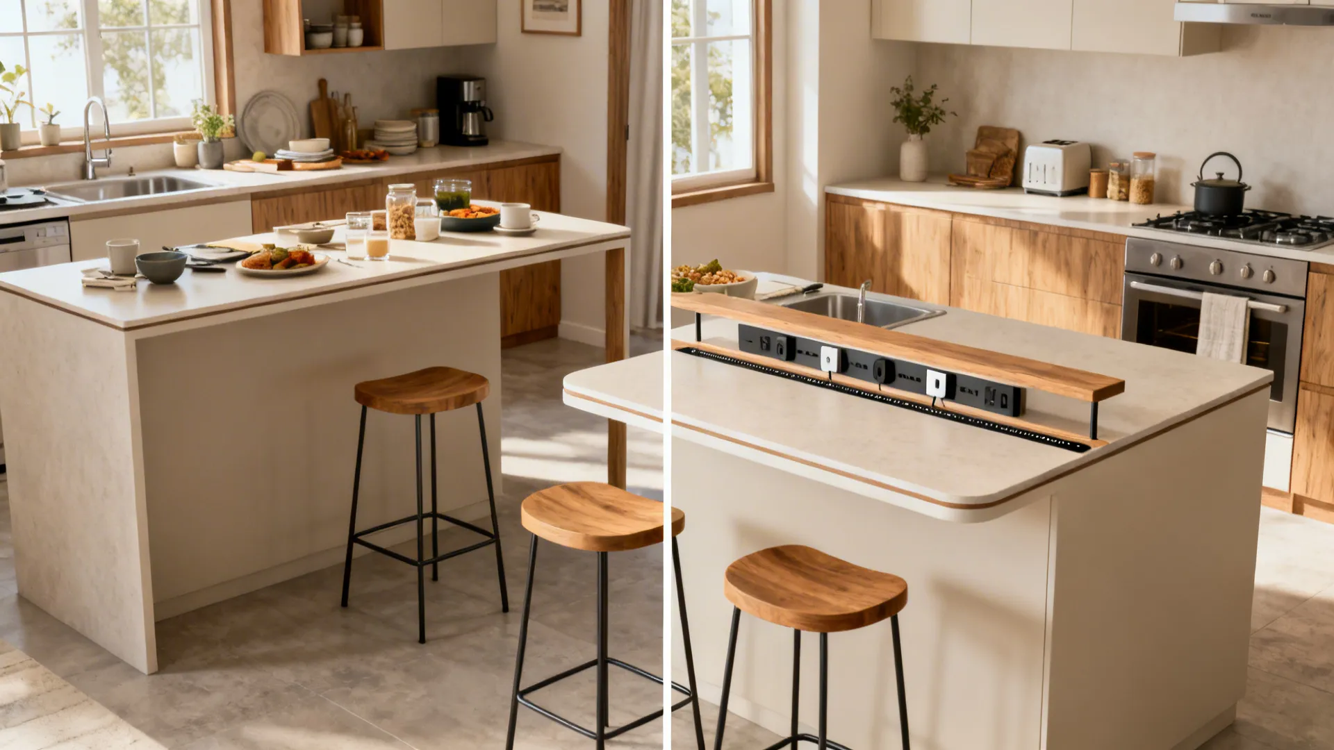 Before-and-after view showing a single-height counter versus a two-tier breakfast bar with outlets.