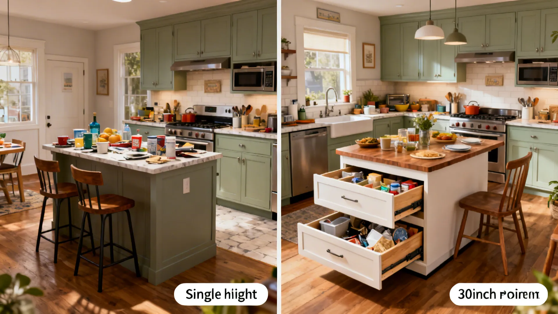 Before-and-after of a compact kitchen upgraded to a two-tier island with seating and storage.
