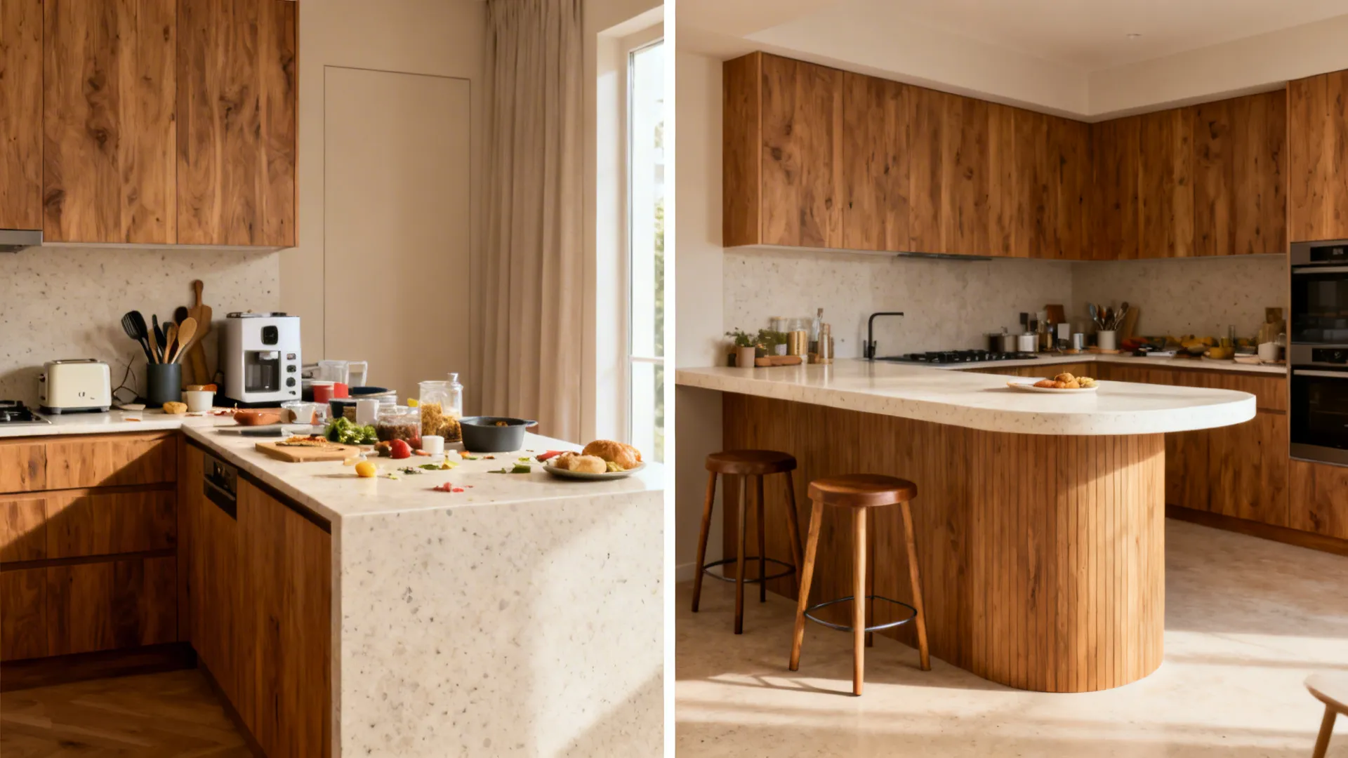 Before and after comparison showing messy kitchen counter transformed into a clean organized breakfast bar