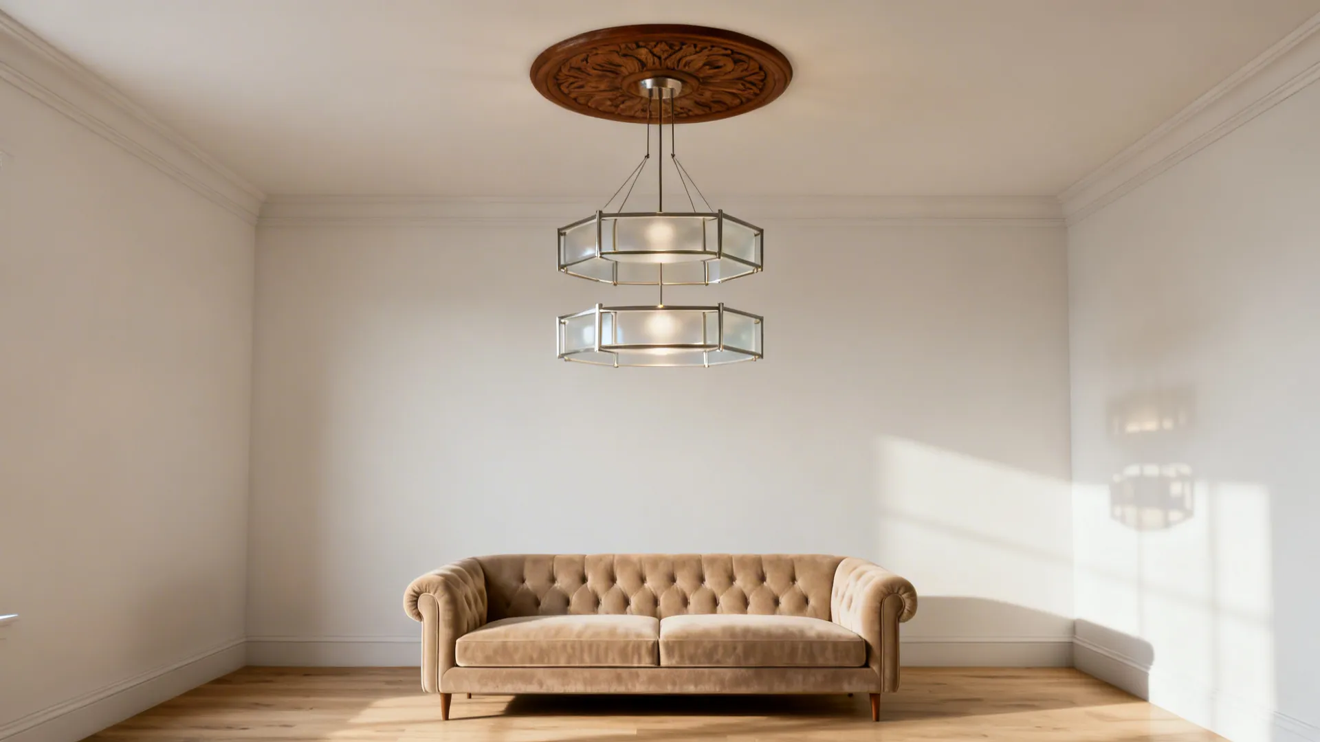 Minimal two-tier chandelier creating layered lighting over a mid-century sofa