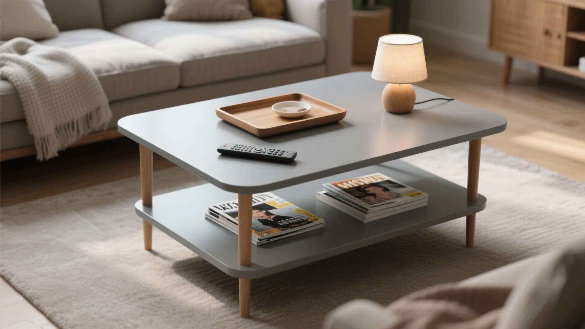 3. Two-tier grey coffee table for extra storage
