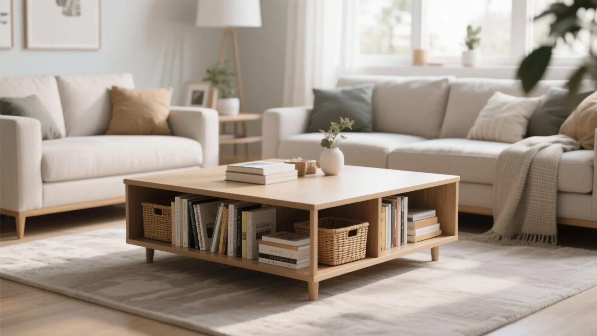 Modern wood coffee table with storage shelf holding books and baskets in a cozy room