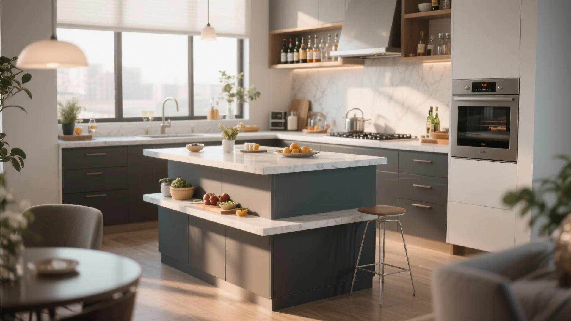 Kitchen island with two marble counters and grey cabinets under warm ceiling lights near windows