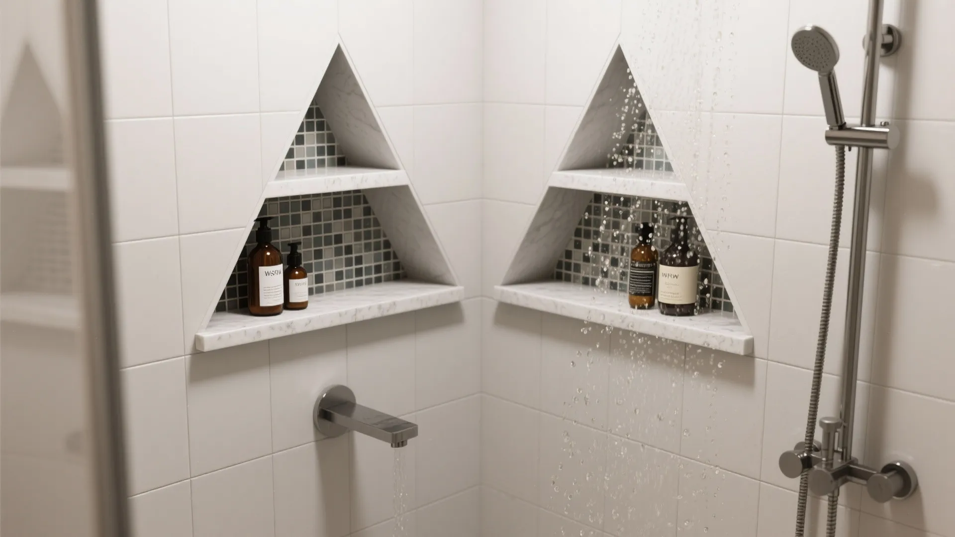 Two triangle wall shelves with mosaic tiles holding soap bottles inside a bright white shower