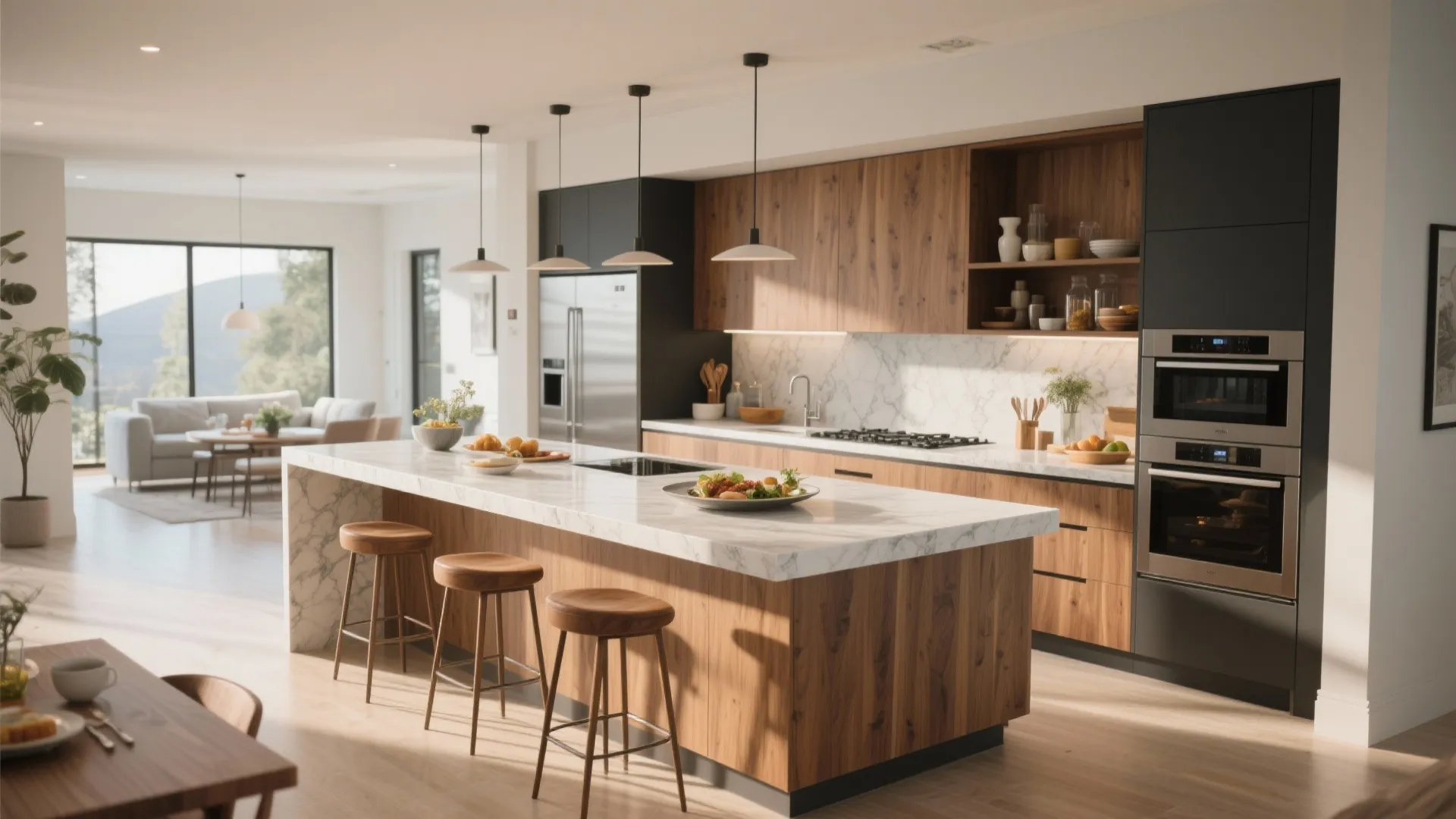 Modern kitchen with wood cabinets marble island three stools black accents and warm ceiling lights