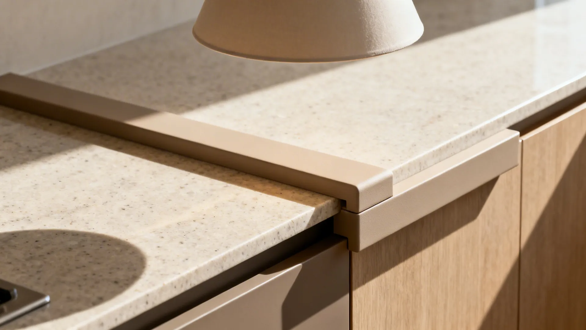 Beige kitchen countertop edge detail over light wood cabinets under a white ceiling light fixture