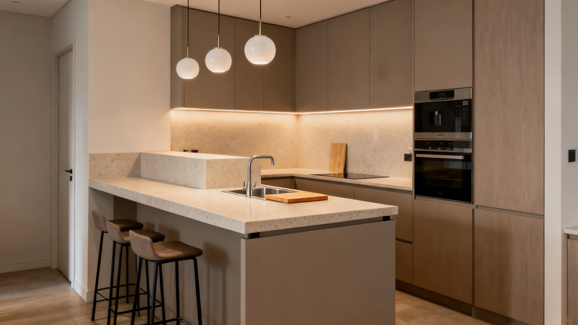 Two-tier island with raised breakfast ledge hiding sink clutter in a small kitchen.
