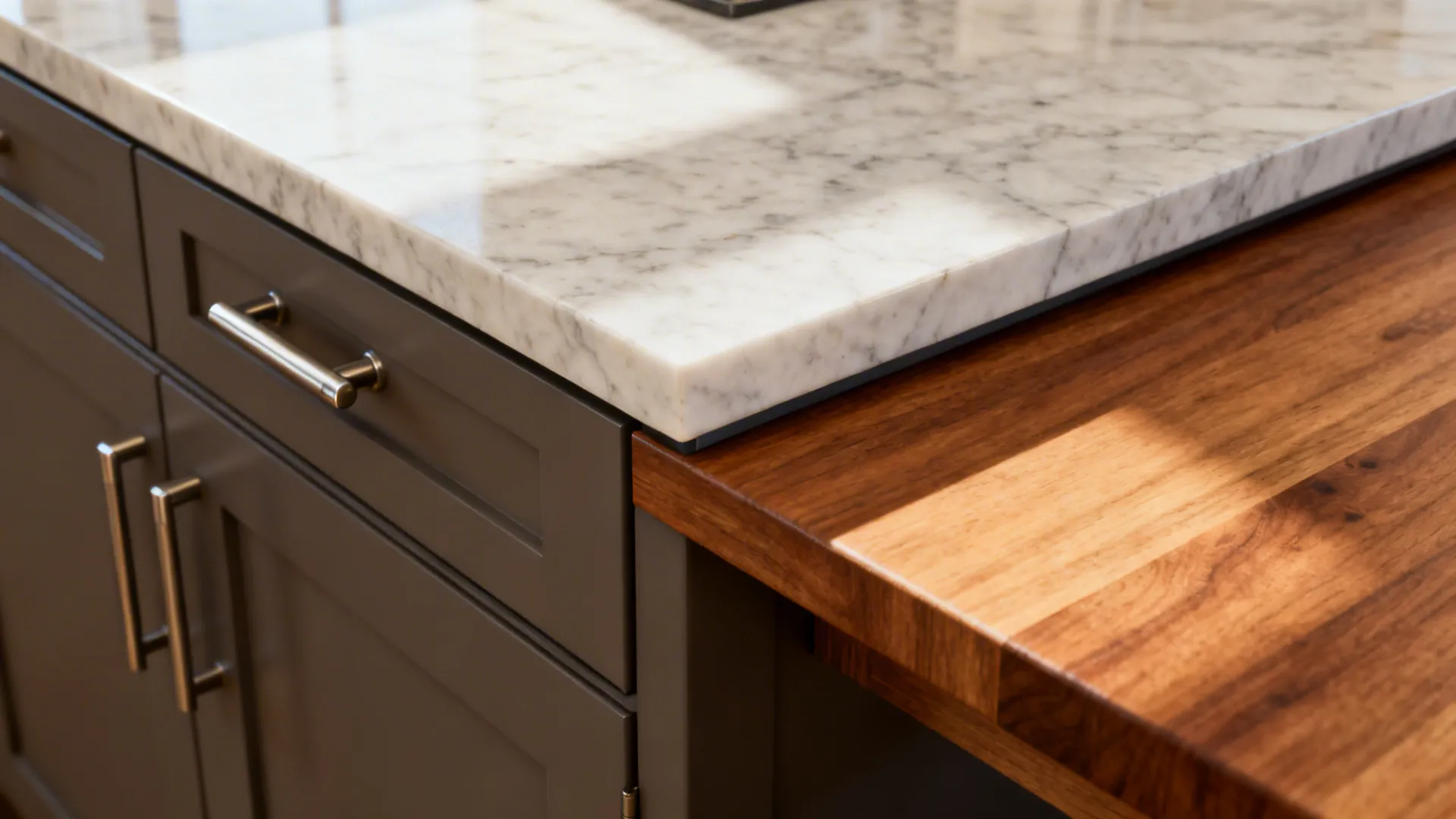 Close-up of a mitered quartz prep tier meeting a warm oak dining ledge with refined hardware.