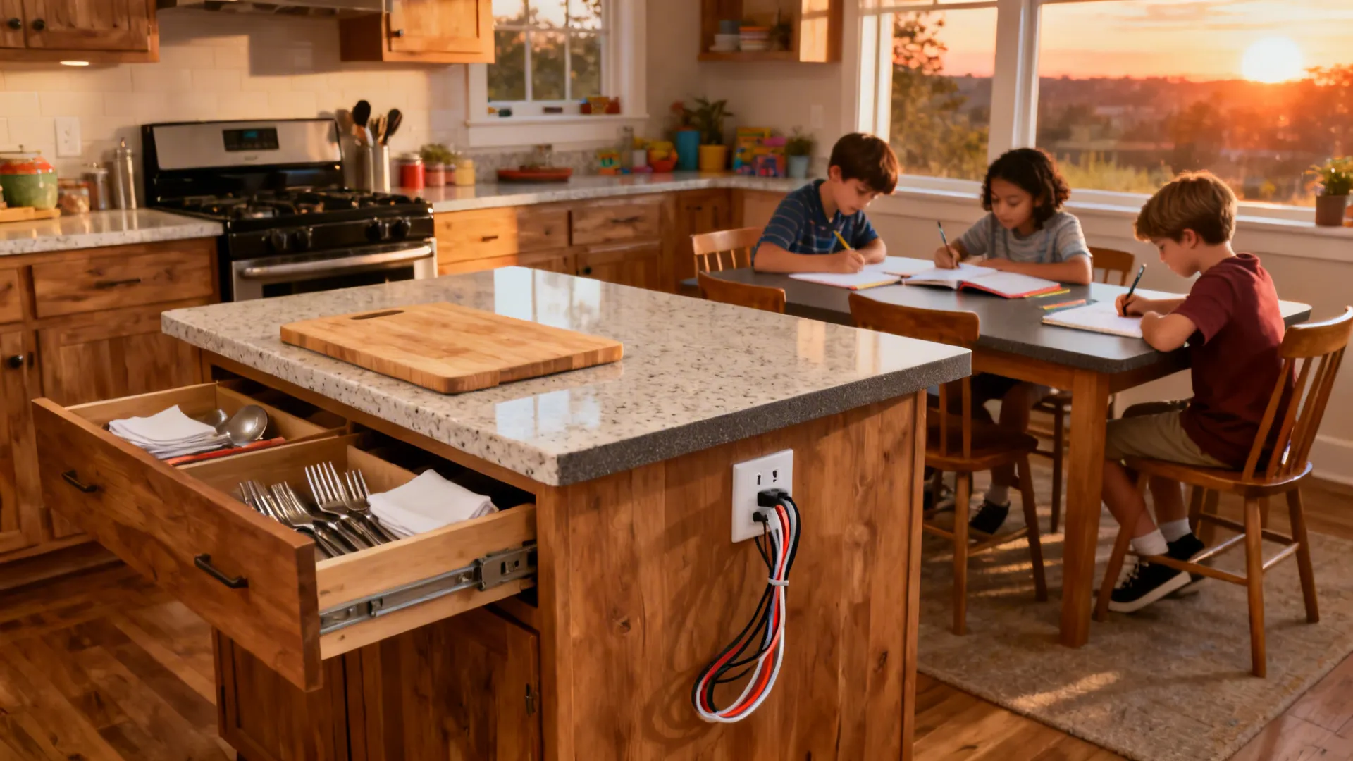 Two-tier island with a 36-inch prep surface and a 30-inch dining surface, drawers and power built in.