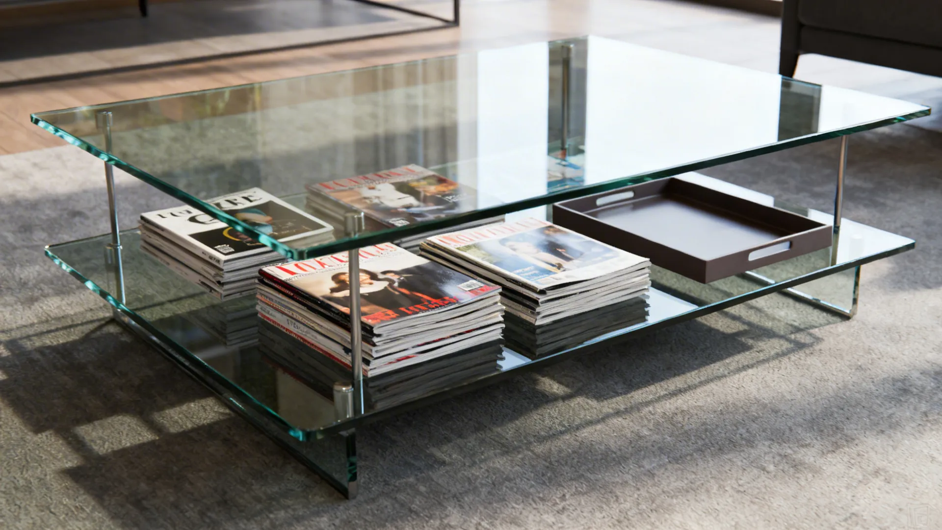 Two-tier glass coffee table with a lower shelf storing magazines, neat and airy.