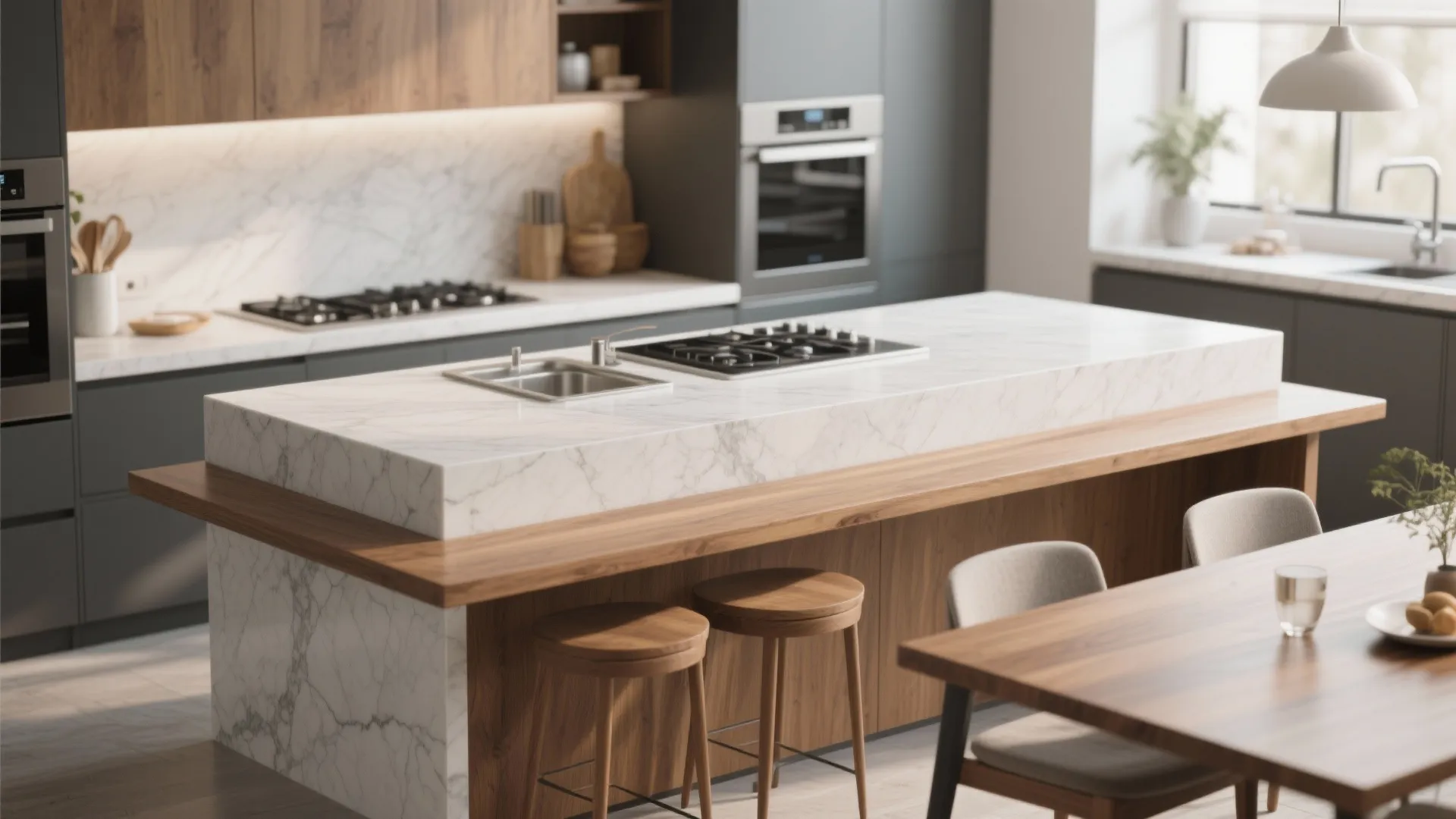 Two-tier kitchen island with separate prep and dining levels