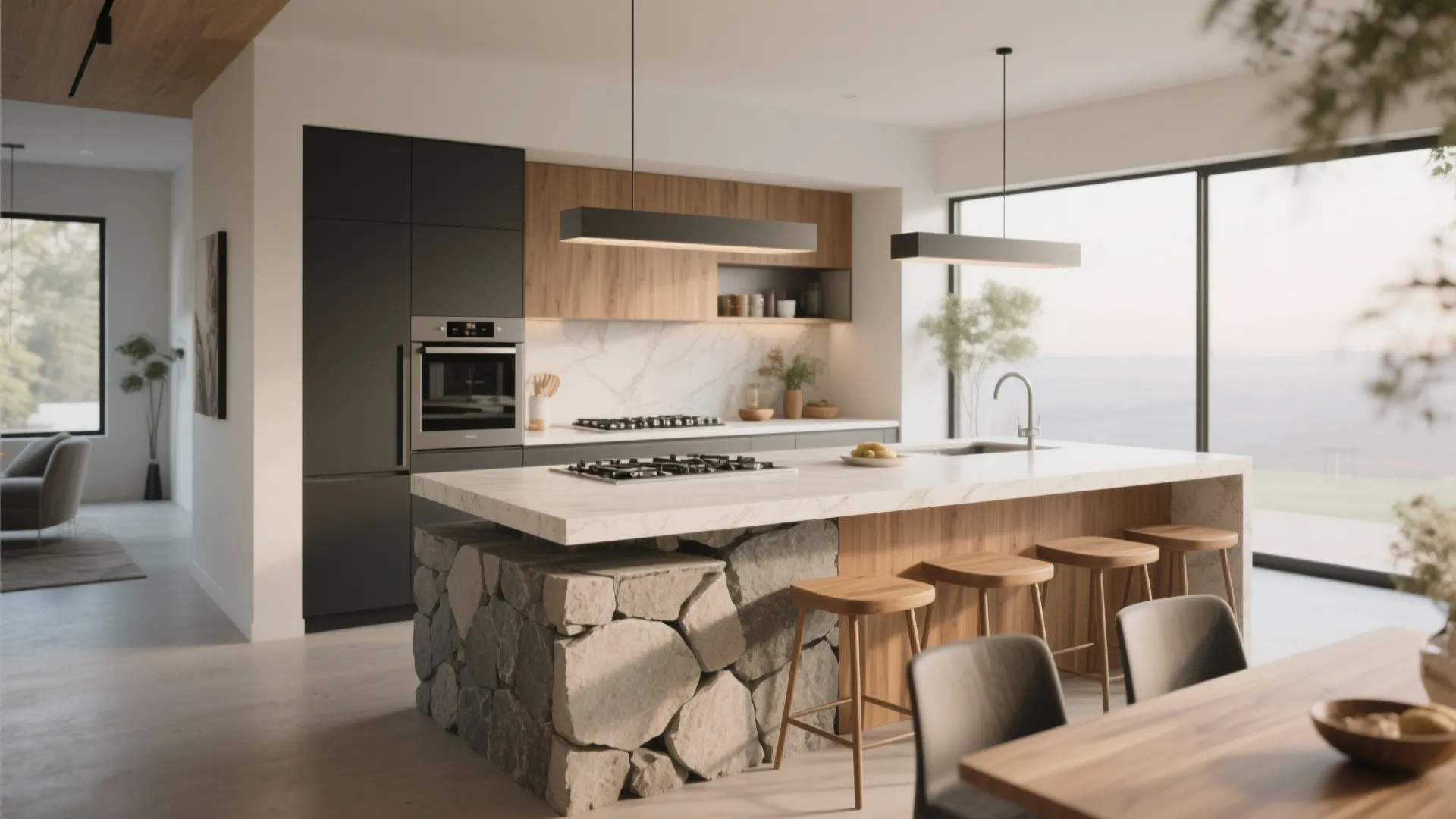 Modern kitchen with black cabinets stone island base wooden stools and linear light fixtures above