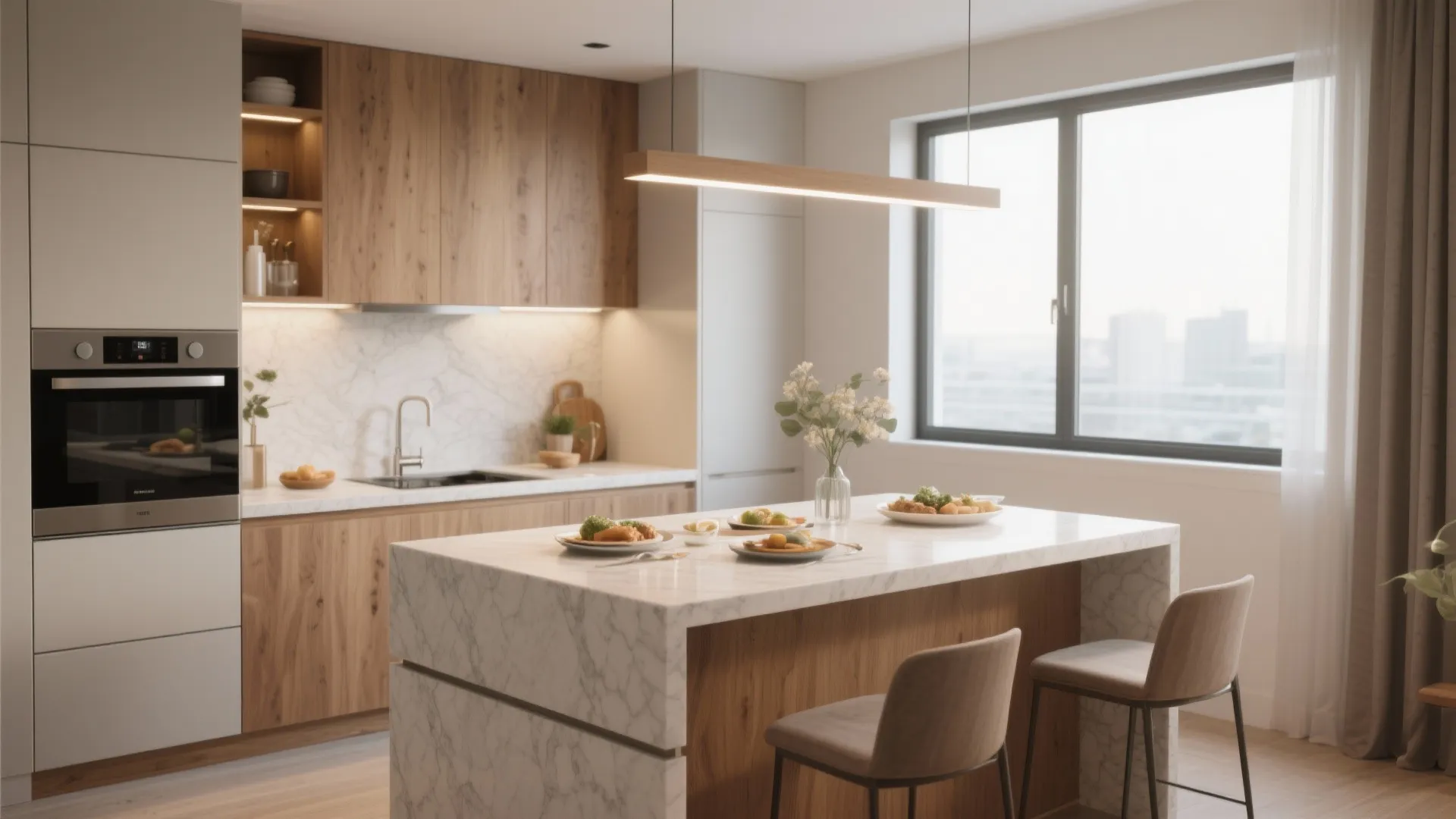Modern kitchen featuring a marble waterfall island with breakfast bar seating and wooden storage cabinets