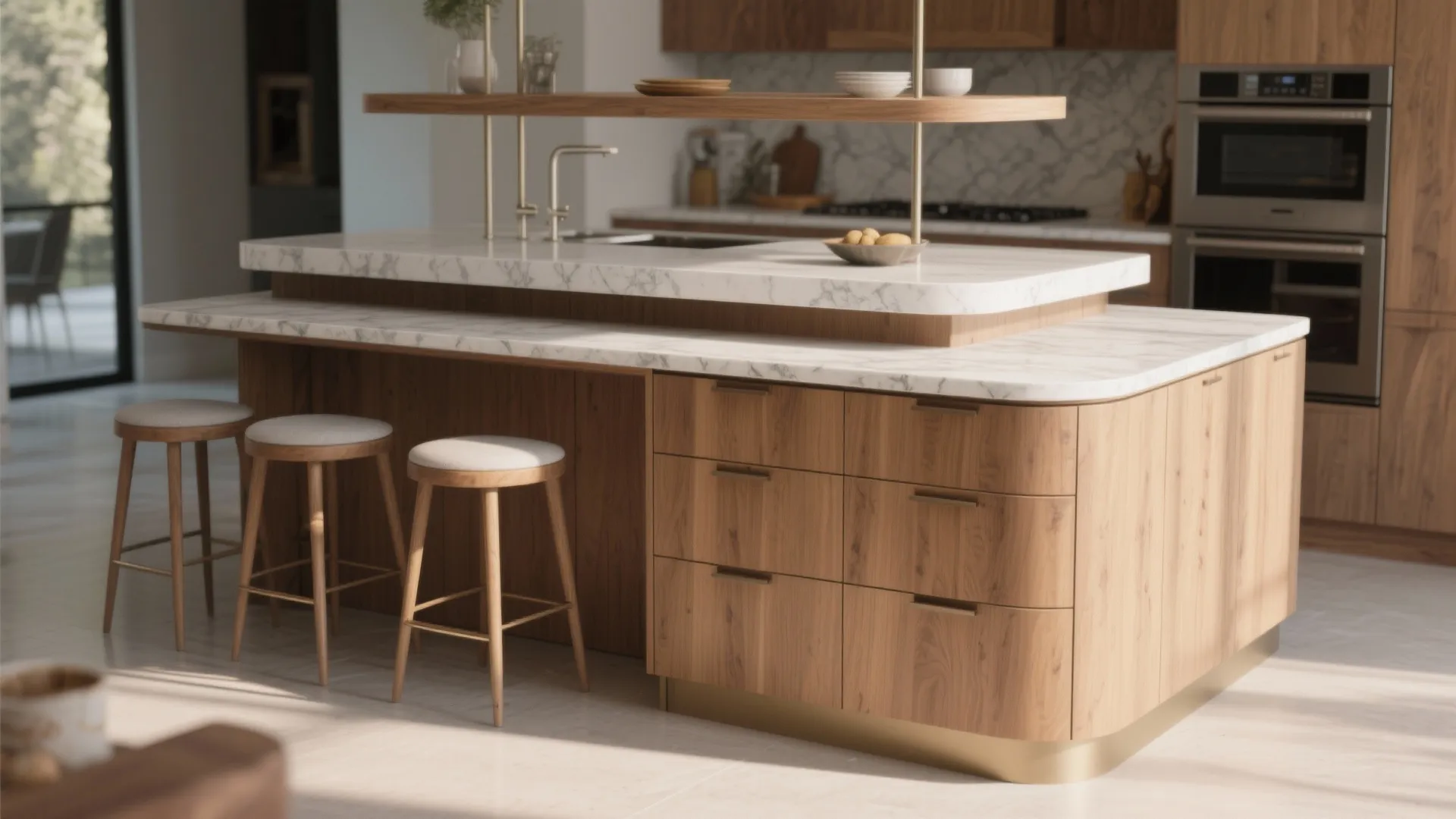 Two-tier kitchen island with raised seating and lower prep surface, showing storage drawers and clear legroom.