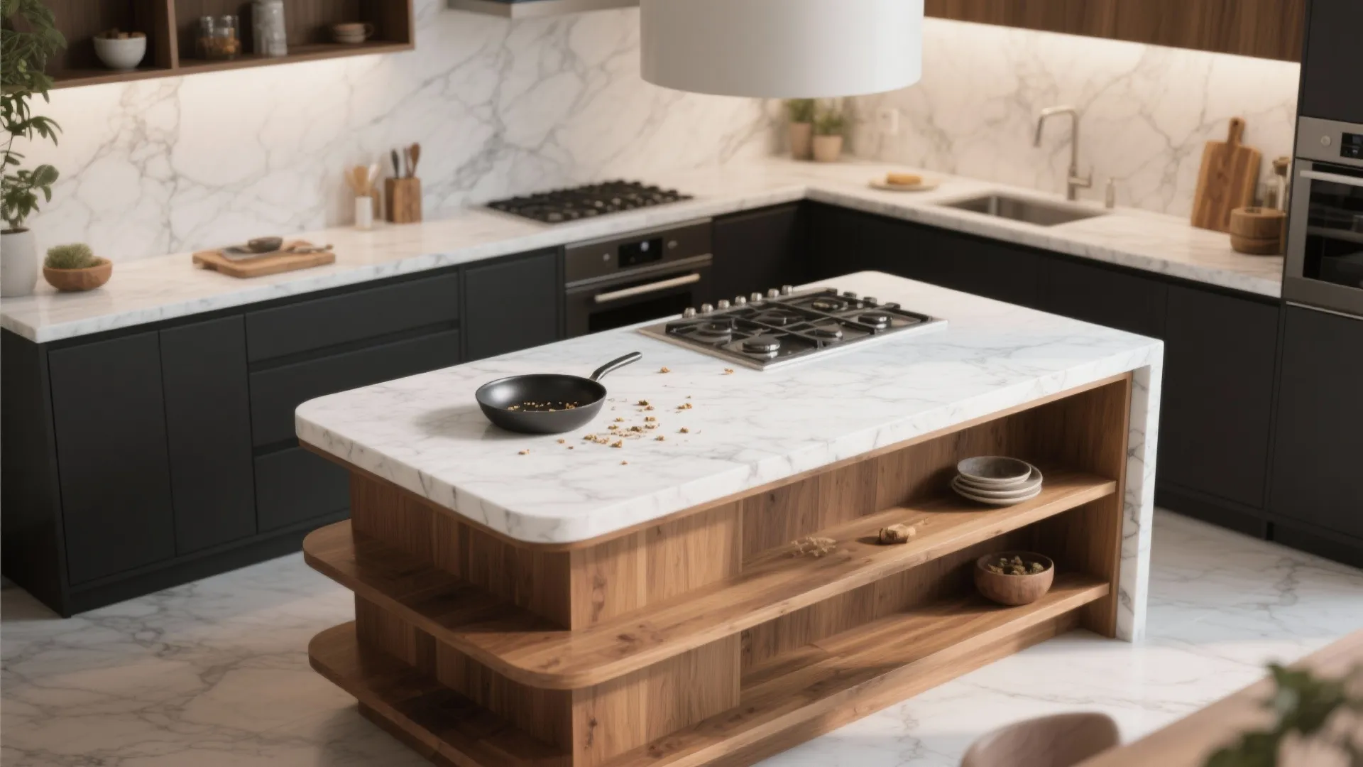 2. Two-Tier Island: Marble Worktop, Wooden Service Tier