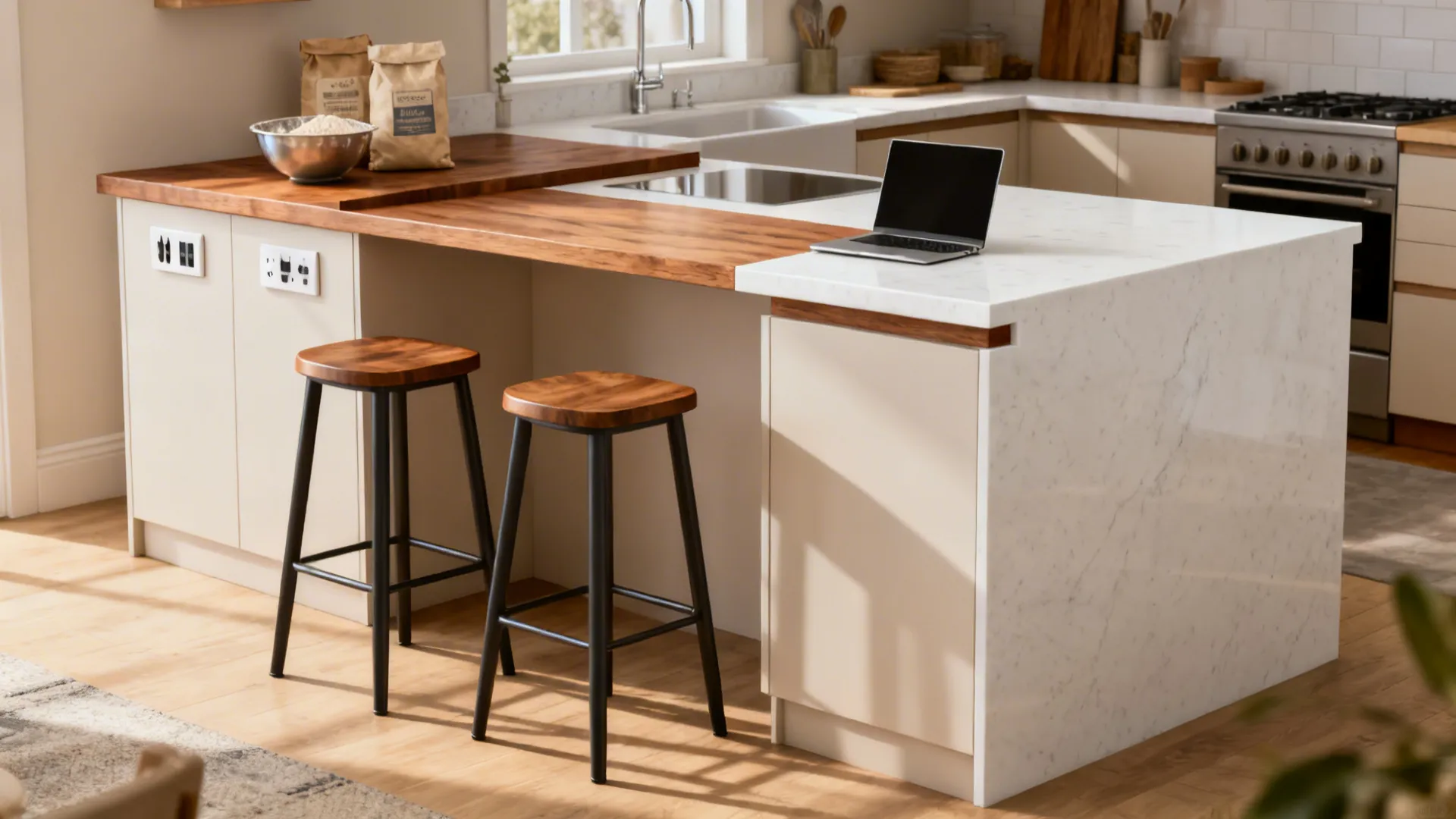 Compact kitchen with a two-tier island showing raised prep zone and counter-height seating.