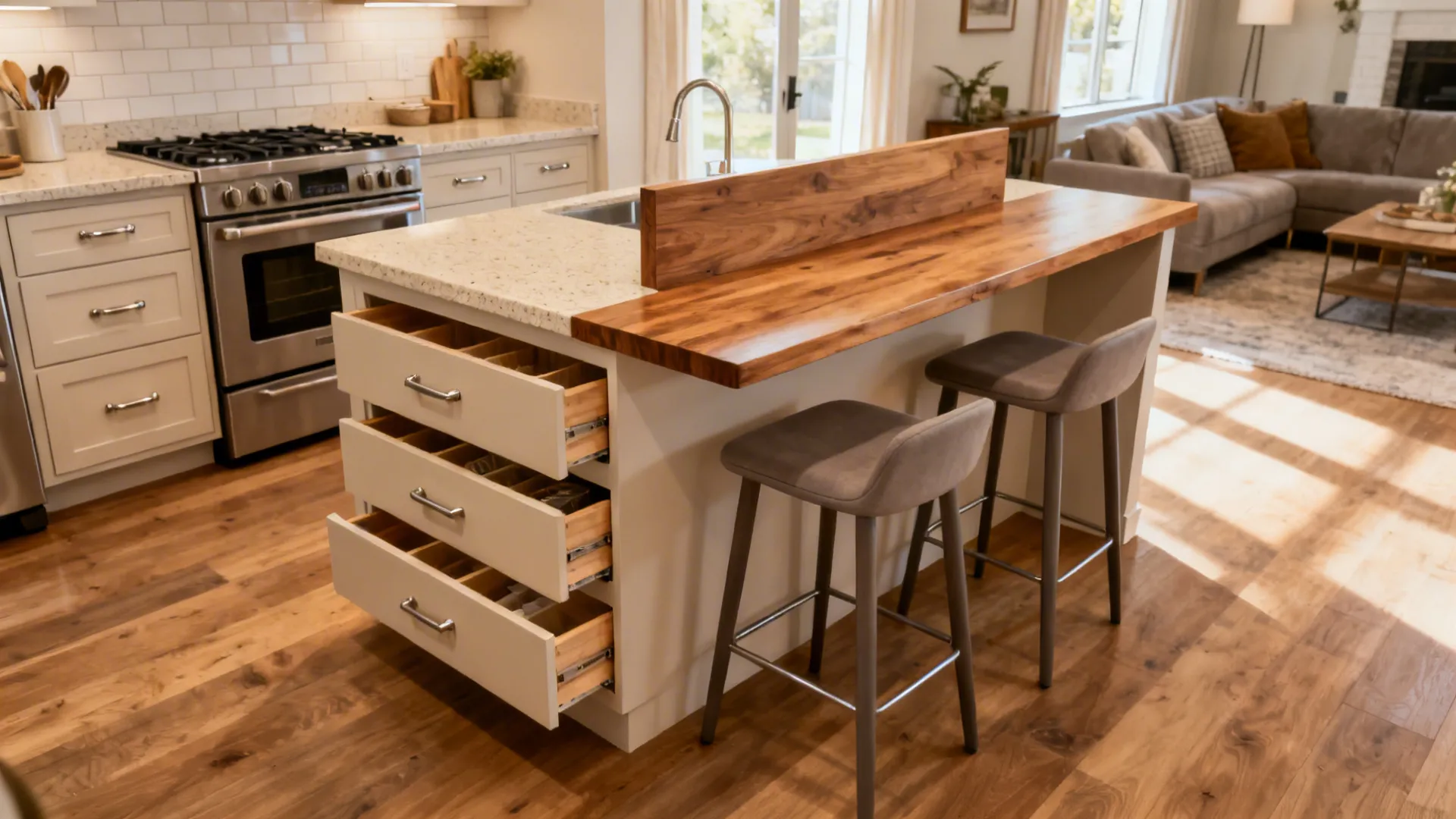Two-tier island with prep height and dining height surfaces, drawers on both tiers, in a small open kitchen.