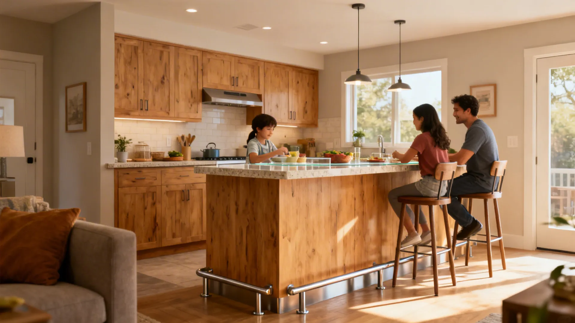 Two-tier kitchen island with a 36-inch prep surface and a 42-inch raised bar with stools.