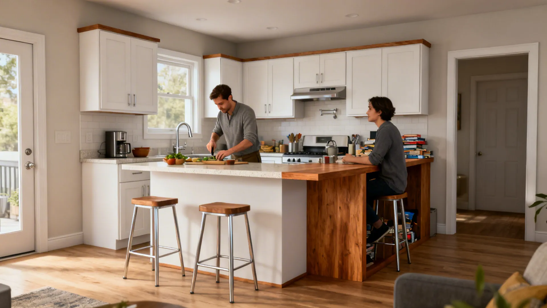 Small kitchen with a two-tier island separating prep at 36 inches and dining at 42 inches.
