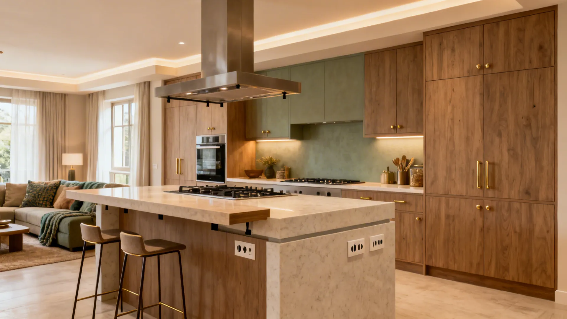 Large kitchen island with white stone top, wooden cabinets, two bar stools, and warm lights