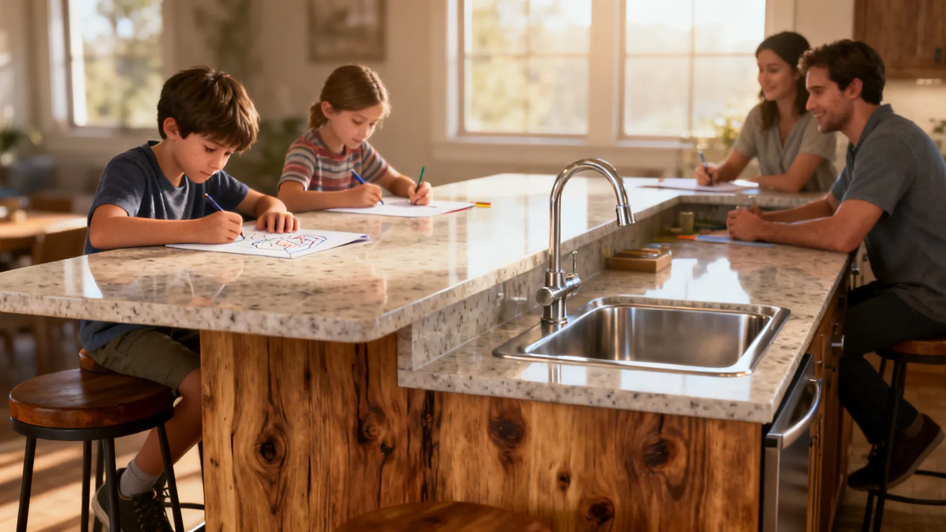 Two-tier island with a shallow sink on the service level and raised bar seating.