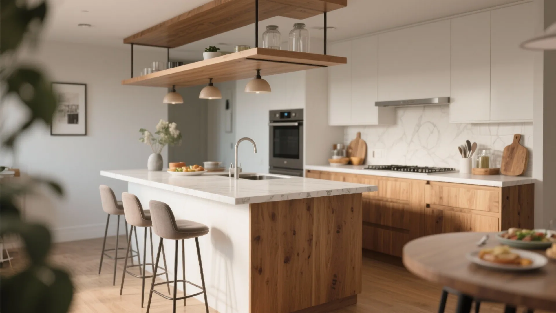 Modern kitchen with wood island counter and bar stools under a wooden hanging shelf light