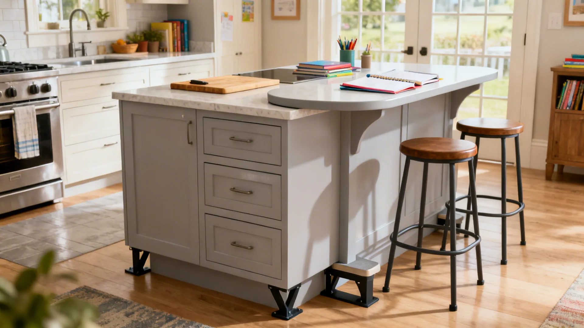 Two-level kitchen island with 36-inch prep zone and 42-inch dining bar in soft daylight.