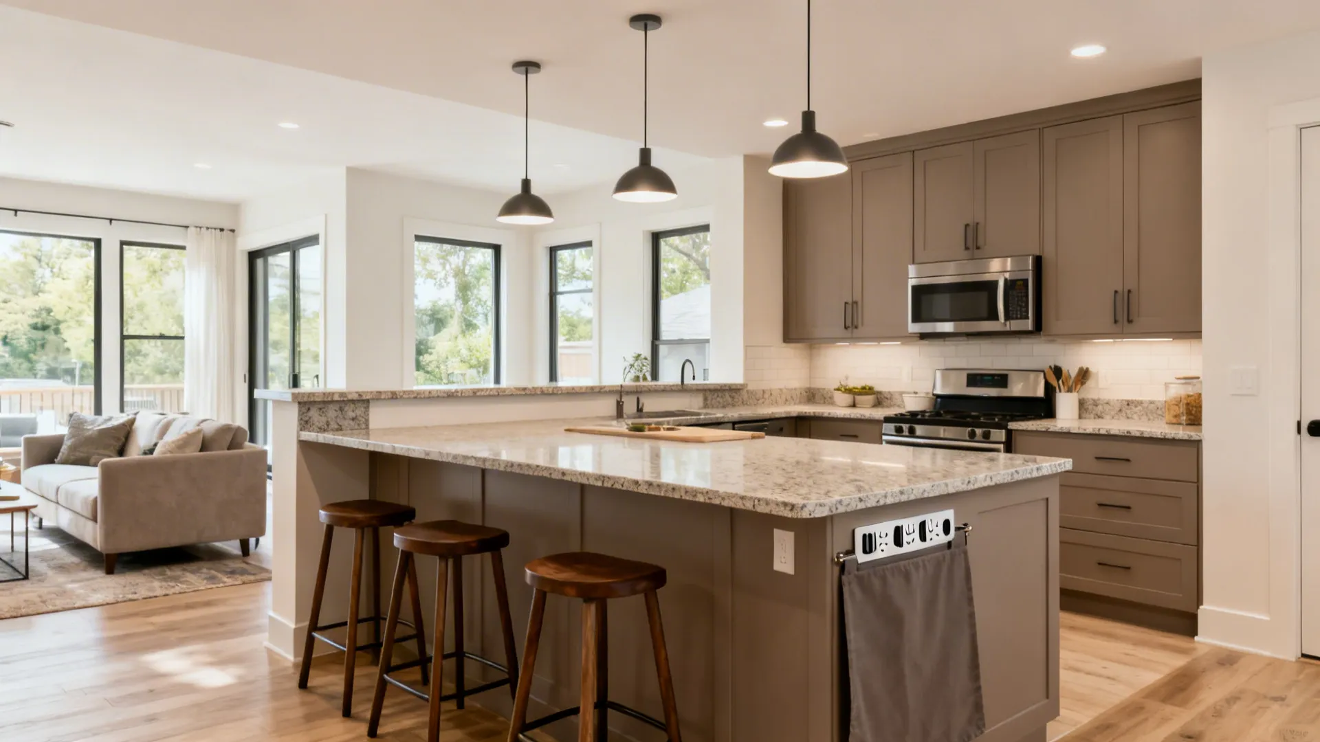 Two-tier kitchen island splits prep and bar zones with subtle raised ledge.
