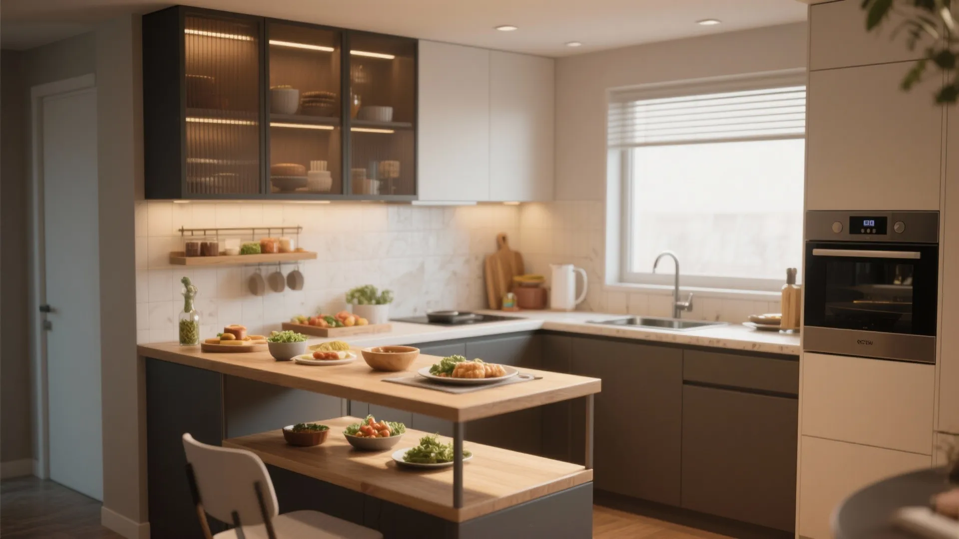 Two tier wooden kitchen table extension with grey cabinets glass wall cabinets and built in oven