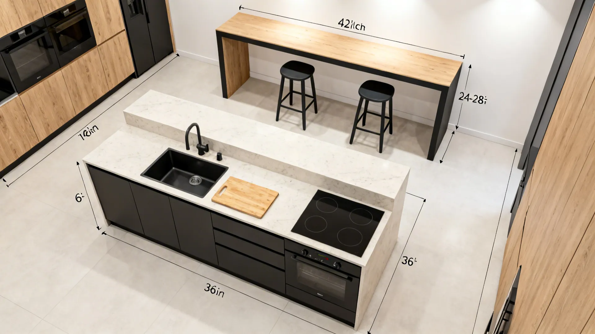 Top-down view of a two-tier island showing stool spacing and aisle clearances.