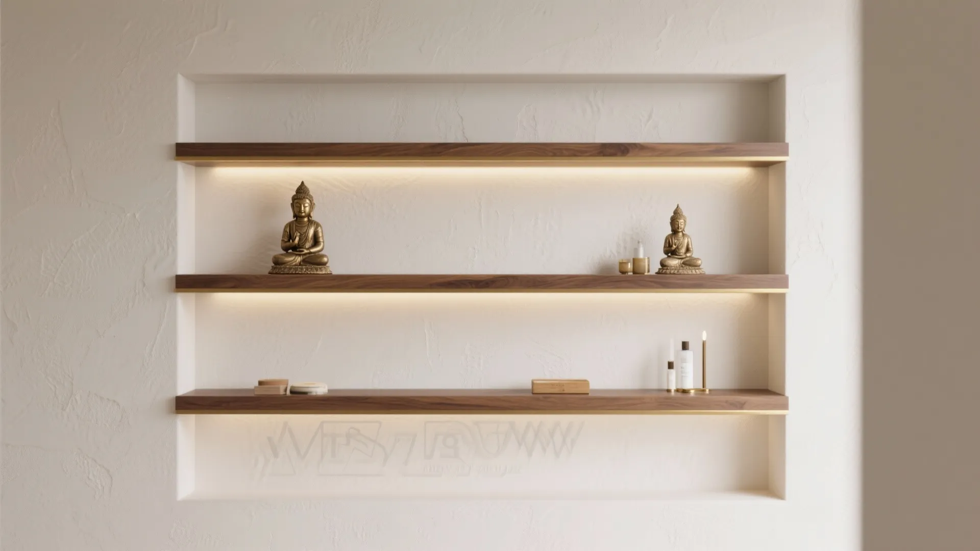 Three wooden floating shelves inside a recessed wall with integrated lights and small gold statues