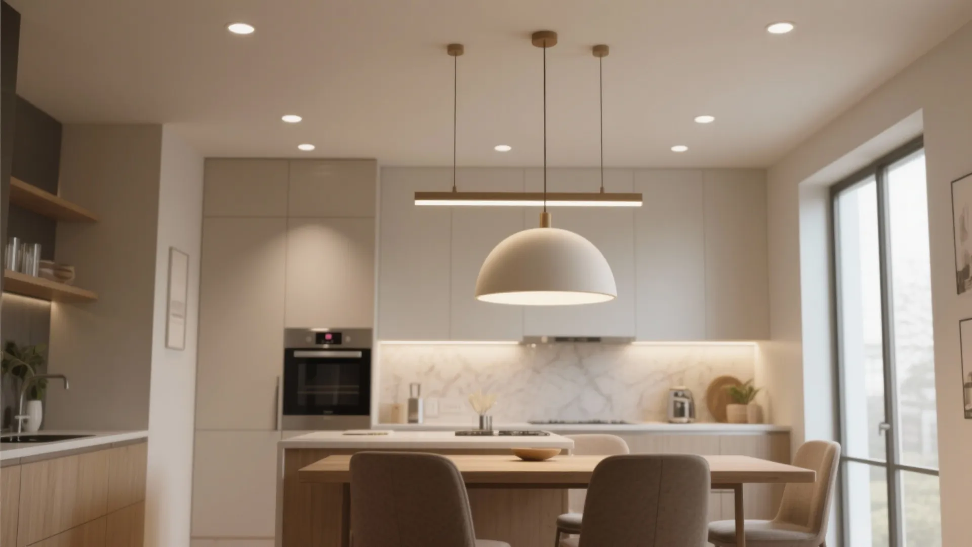 Modern kitchen with white ceiling light hanging over a dining table with grey fabric chairs