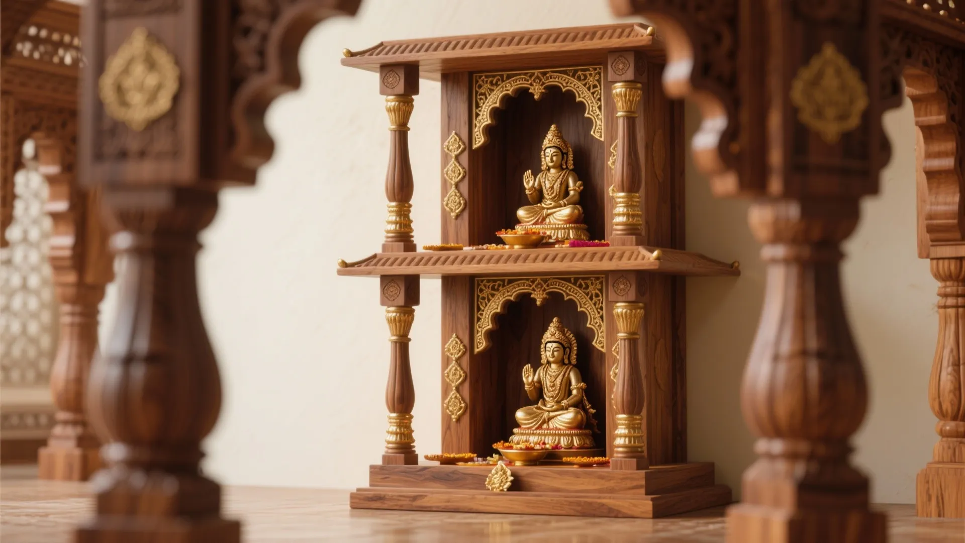 Two-tier wooden prayer unit with golden statues, small carved pillars, and decorative gold leaf accents
