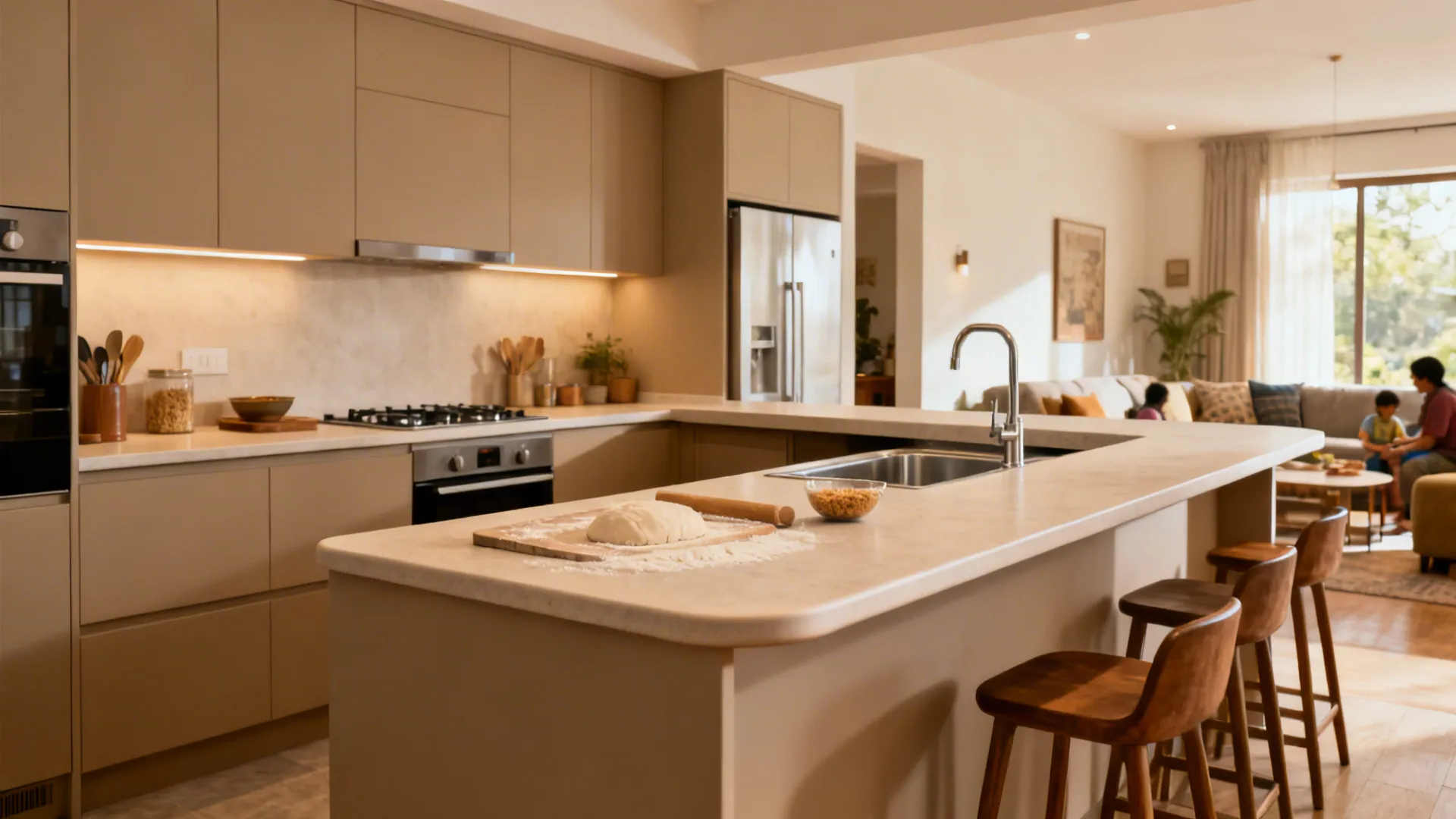 Two-level kitchen platform with lower prep counter and higher serving ledge that screens the sink.