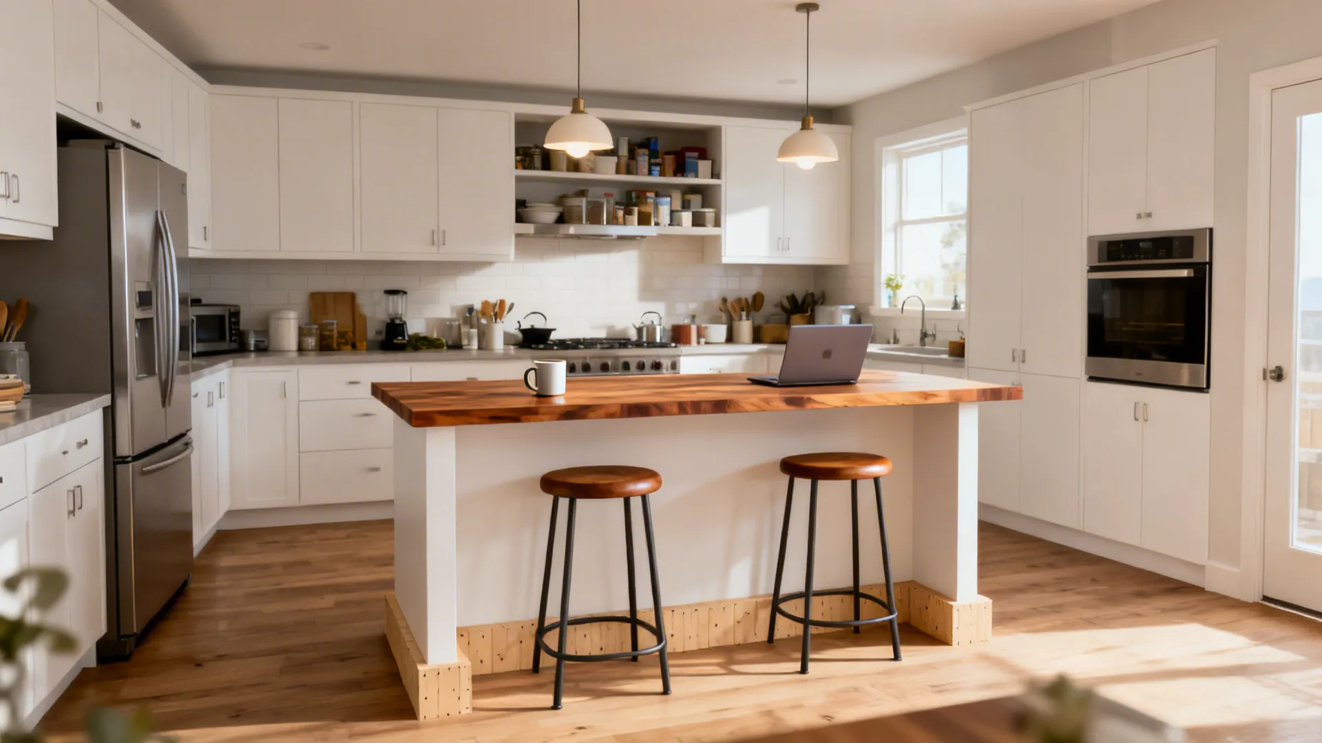 Slim two-tier island in a galley kitchen with overhang seating and tucked stools.