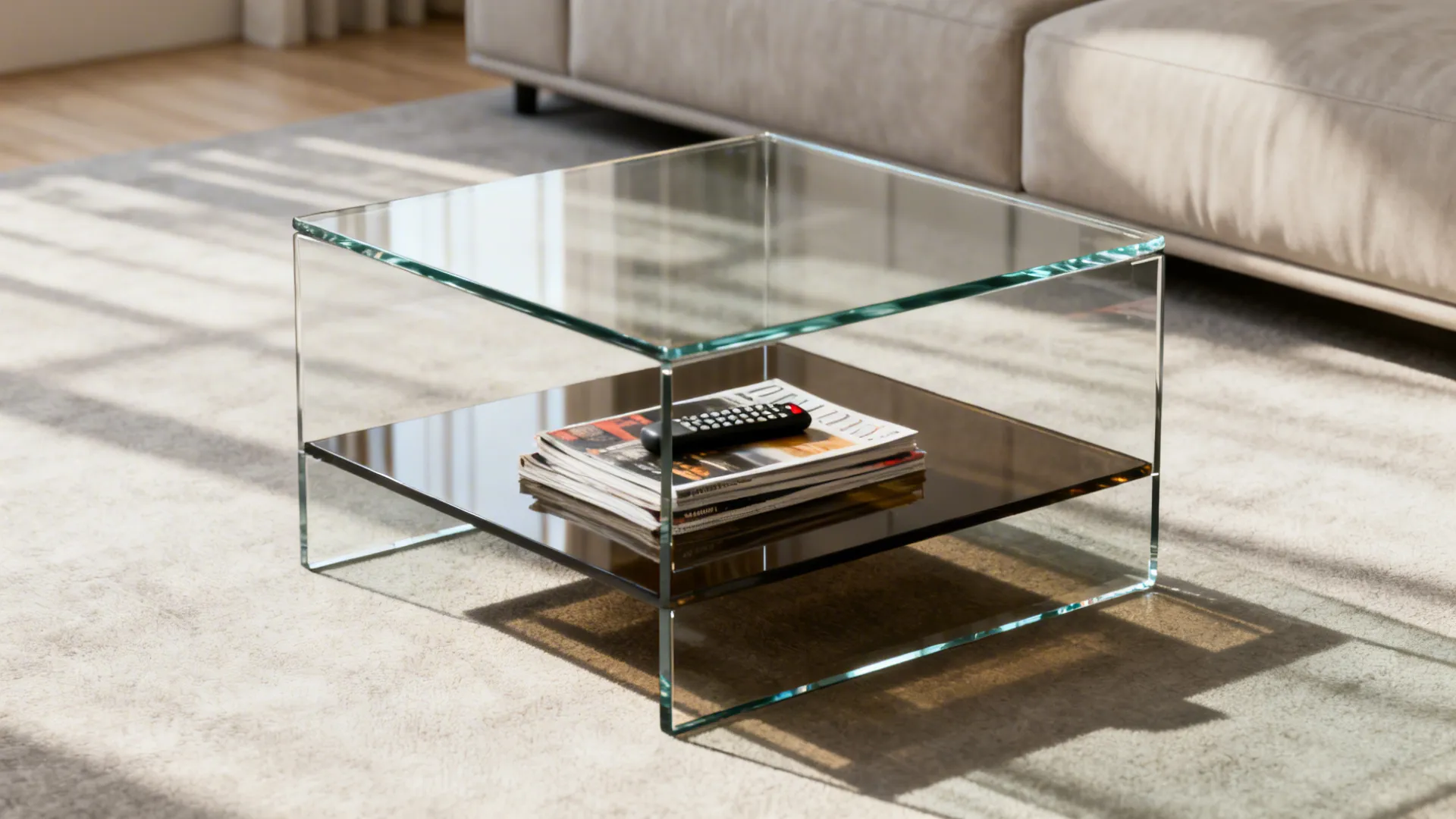 Two-tier glass end table with a clear top and smoked lower shelf storing magazines.