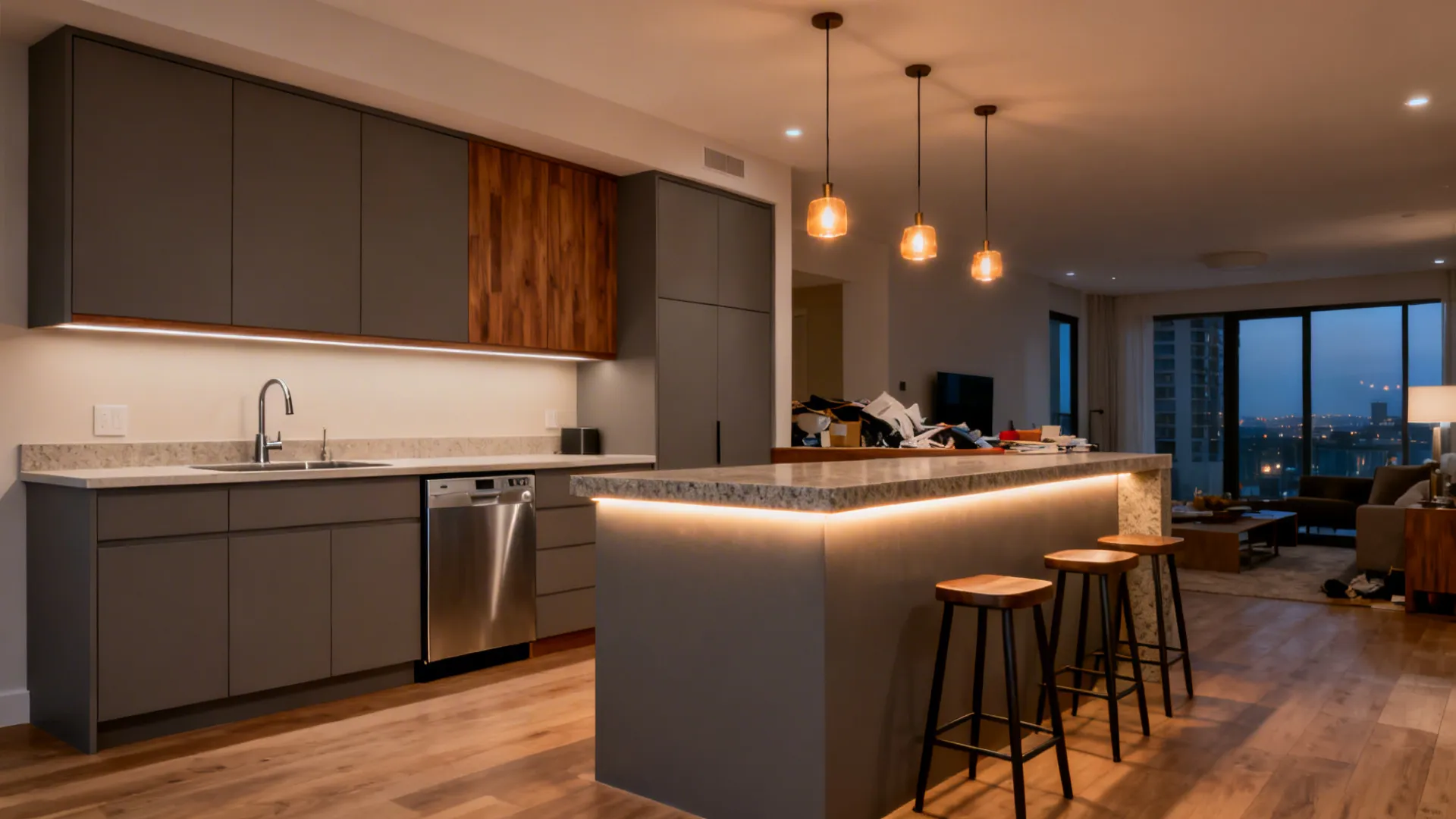 Two-tier kitchen island with a raised bar hiding the sink area and glowing LED accent lighting.
