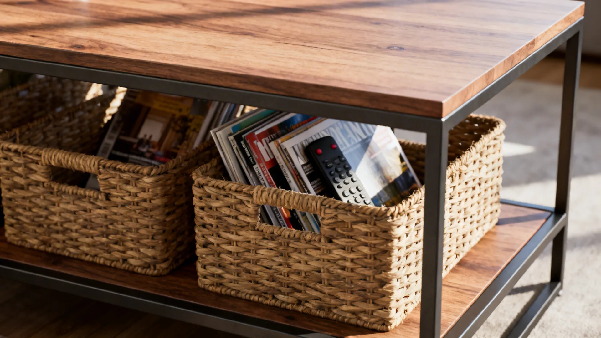 Two-tier coffee table with woven baskets on the lower shelf for tidy storage