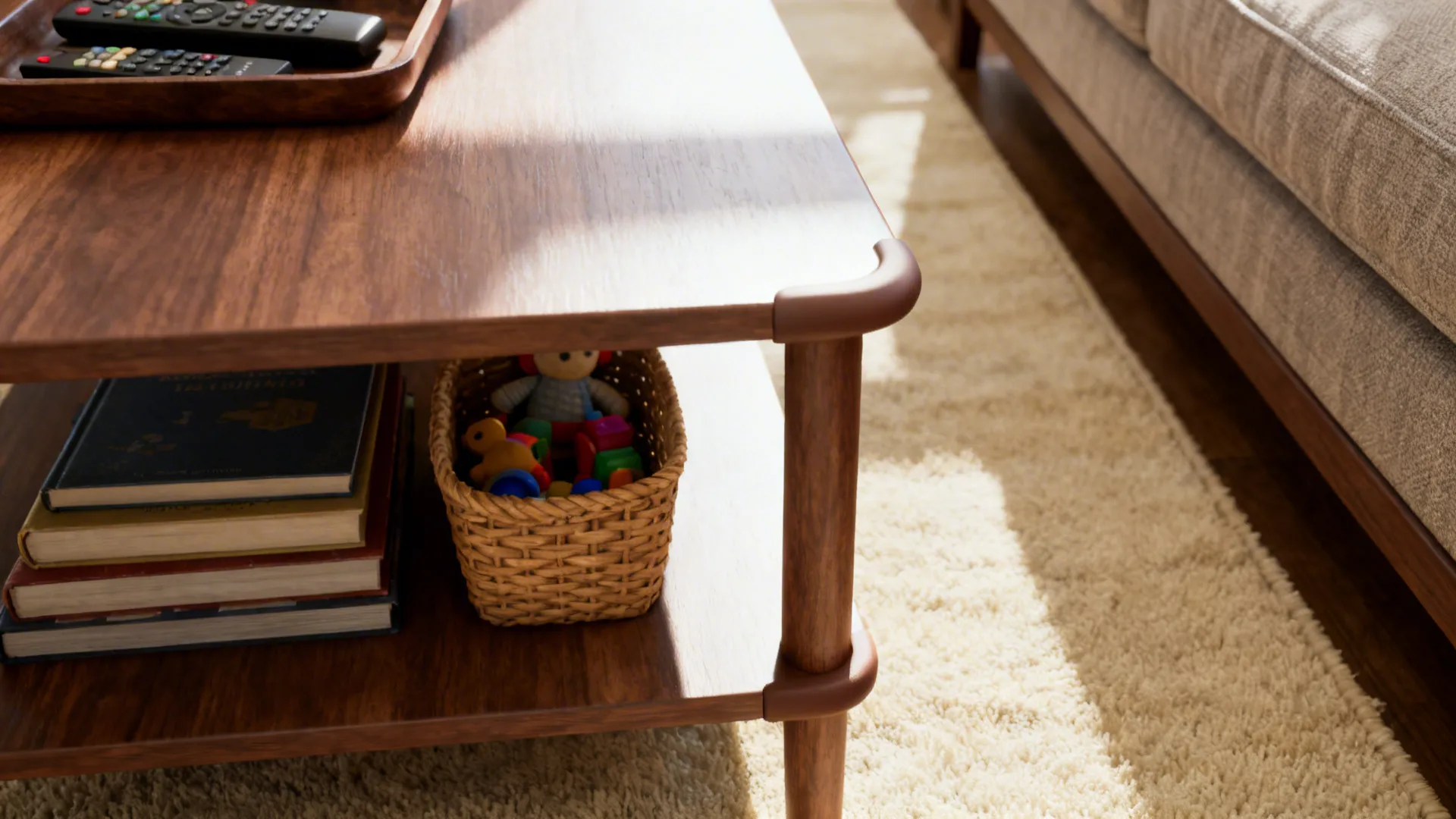 Close-up of a two-tier rectangular coffee table with rounded corners and lower shelf storage.